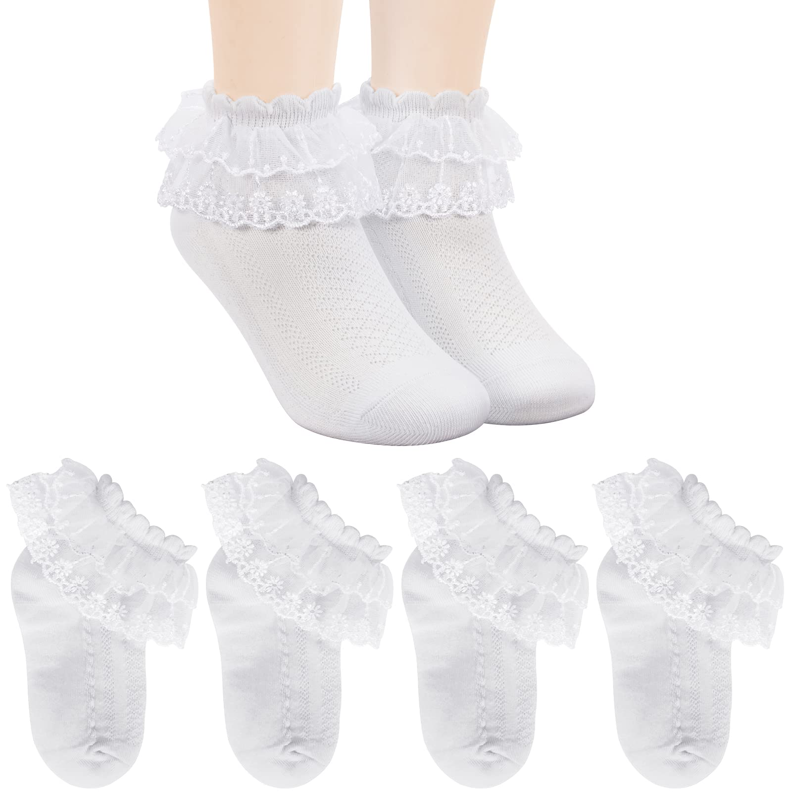 4/5 Pairs Baby Toddler Girls Ruffle Lace Socks - Eyelet White Princess Cotton Cute Frilly Dress Socks for Kids 1-9T - Perfect for Parties, Weddings & Special Occasions