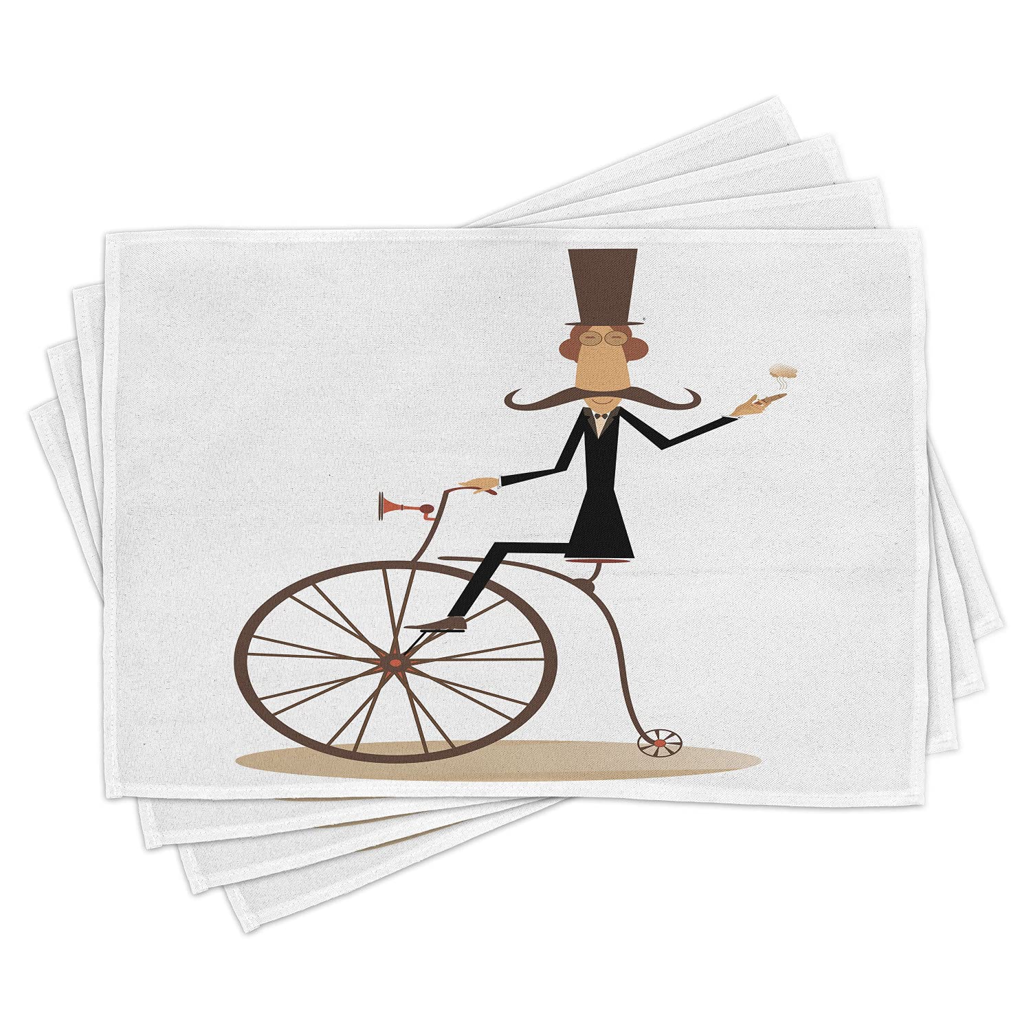 Ambesonne Vintage Cigar Themed Place Mats Set of 4 - Gentleman with Mustache, Top Hat & Retro Bike Design - Washable Fabric Table Mats for Dining Room & Kitchen Decor in Brown/Beige/White - Perfect for Dinner Parties, Man Cave Decor & Cigar Lover Gifts