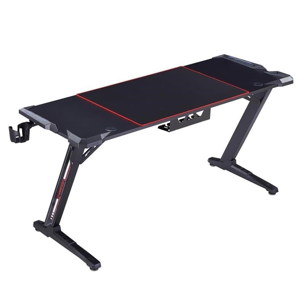Almly Modern Black Metal Gaming Desk with Built-in Outlets & USB Ports - Ergonomic Computer Desk for Home Office & Gaming Setup