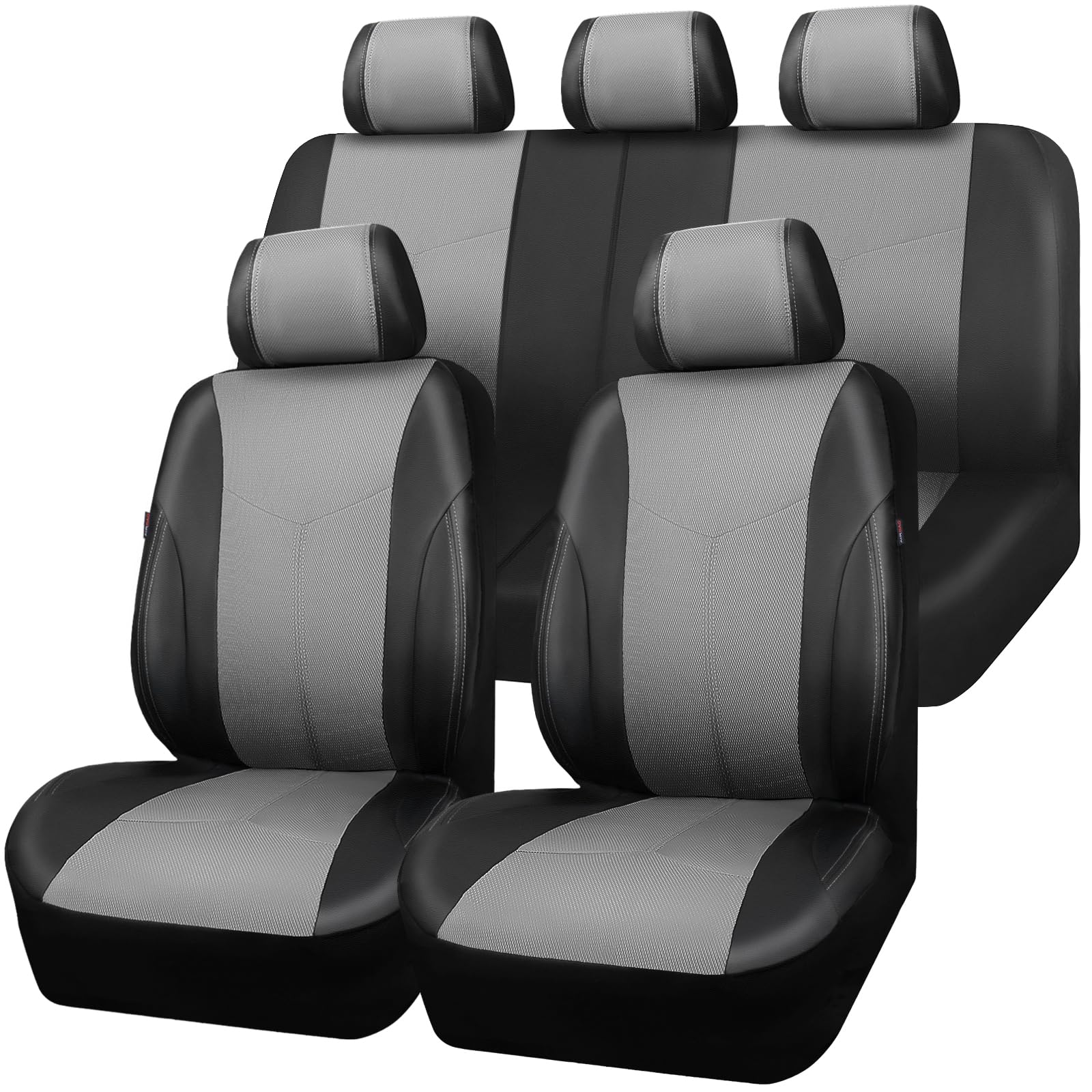 CAR PASS Universal Fit Car Seat Covers Full Set - Faux Leather with AIR Fresh Mesh, Airbag Compatible, 3 Zipper Rear Armrest (Light Gray) for Sedans, SUVs & Trucks - Comfort & Style for Daily Commute