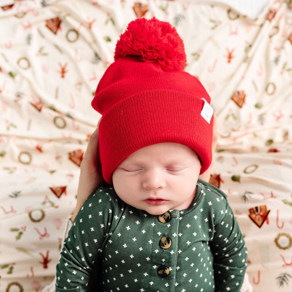 Cherry Red Pom Pom Beanie - Soft Winter Knit Hat for Women & Men - Cozy Cold Weather Accessory for Outdoor Activities, Skiing & Snowboarding
