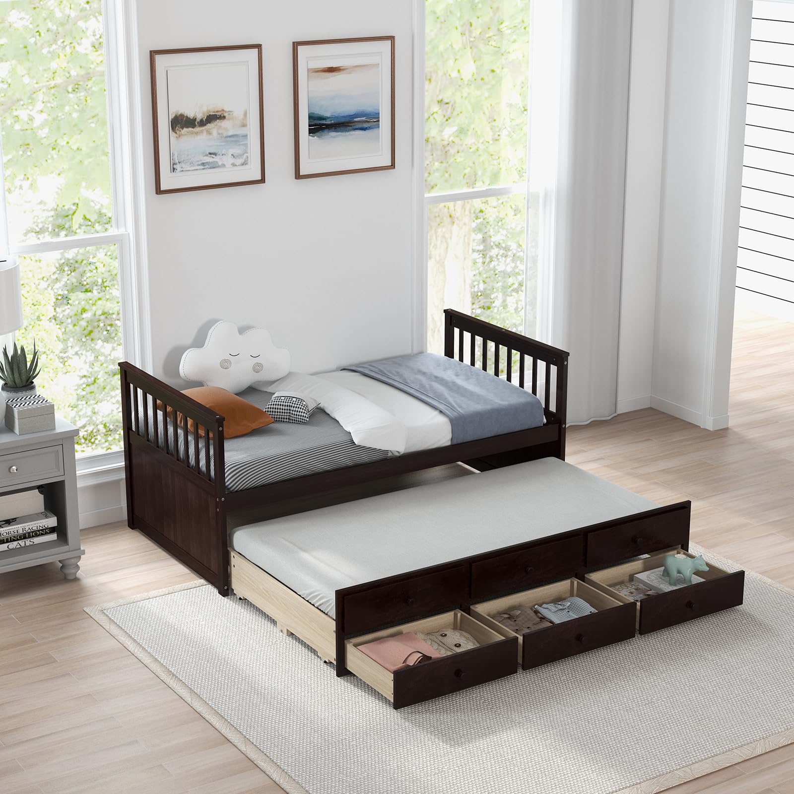 Giantex Twin Captain's Bed with Trundle - Wooden Daybed with 3 Storage Drawers for Kids, Teens & Adults - No Box Spring Needed - Espresso Finish - Perfect for Guest Rooms, Small Bedrooms & Dorm Rooms