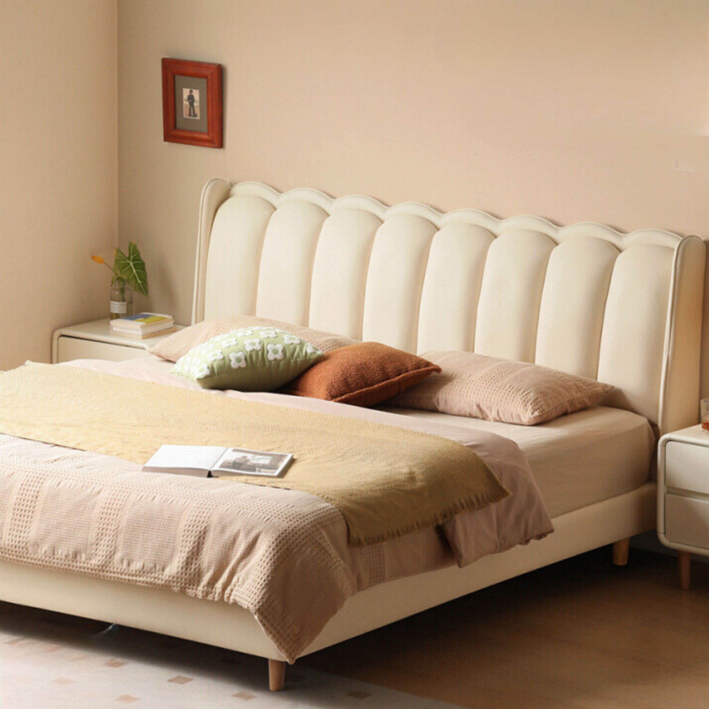 Organic Leather Art Bed Cream Style Modern - Elegant & Sustainable Bedroom Furniture for Home Decor | Perfect for Master Bedrooms, Guest Rooms & Luxury Apartments