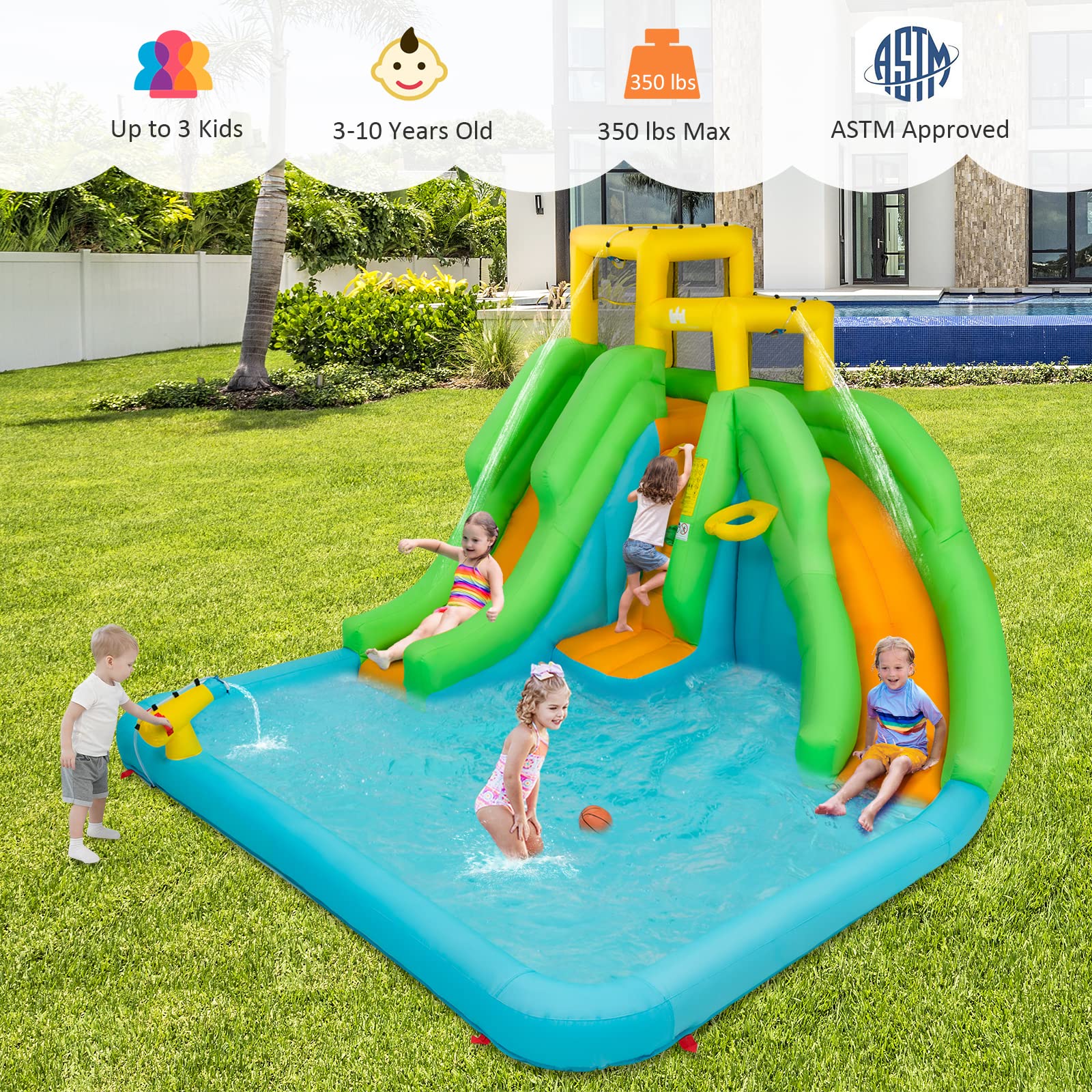 **HONEY JOY 6-in-1 Inflatable Water Slide for Kids - Bounce House with Climbing Wall, 2 Long Slides, Splash Pool & Water Cannons | Indoor & Outdoor Backyard Water Park (Includes 550W Blower) - Perfect for Summer Parties, Birthdays & Family Fun**