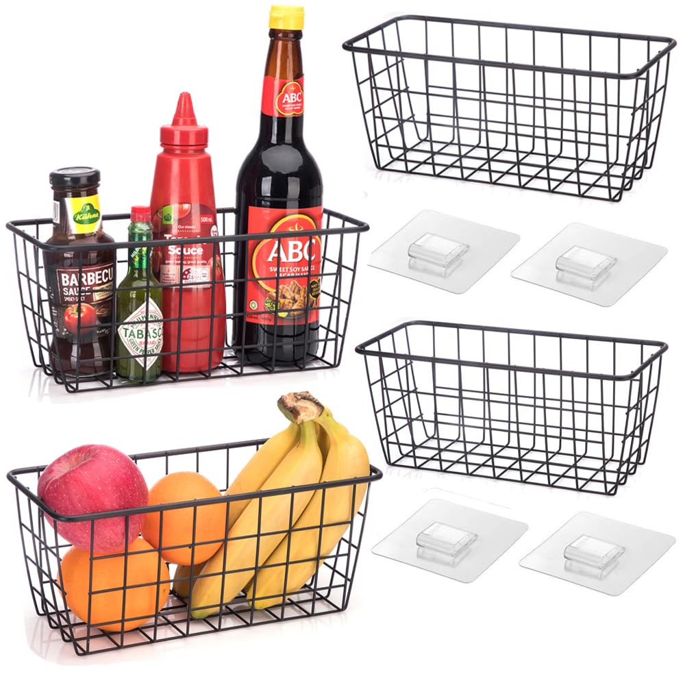 Hanging Kitchen Baskets - Adhesive Sturdy Wire Storage Baskets for Food Pantry, Bathroom, and Shelf Organization - No Drilling Wall Mounted, Black, 4 Pack - Perfect for Small Spaces and Clutter-Free Living
