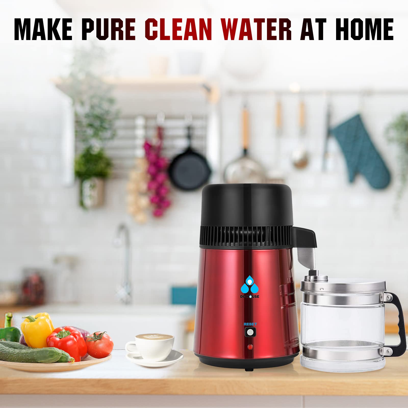 DC HOUSE 1 Gallon Water Distiller - 4L Stainless Steel Countertop Pure Water Distiller Machine with On/Off Switch & Glass Container for Home, Kitchen, RV, Camping, Emergency Preparedness