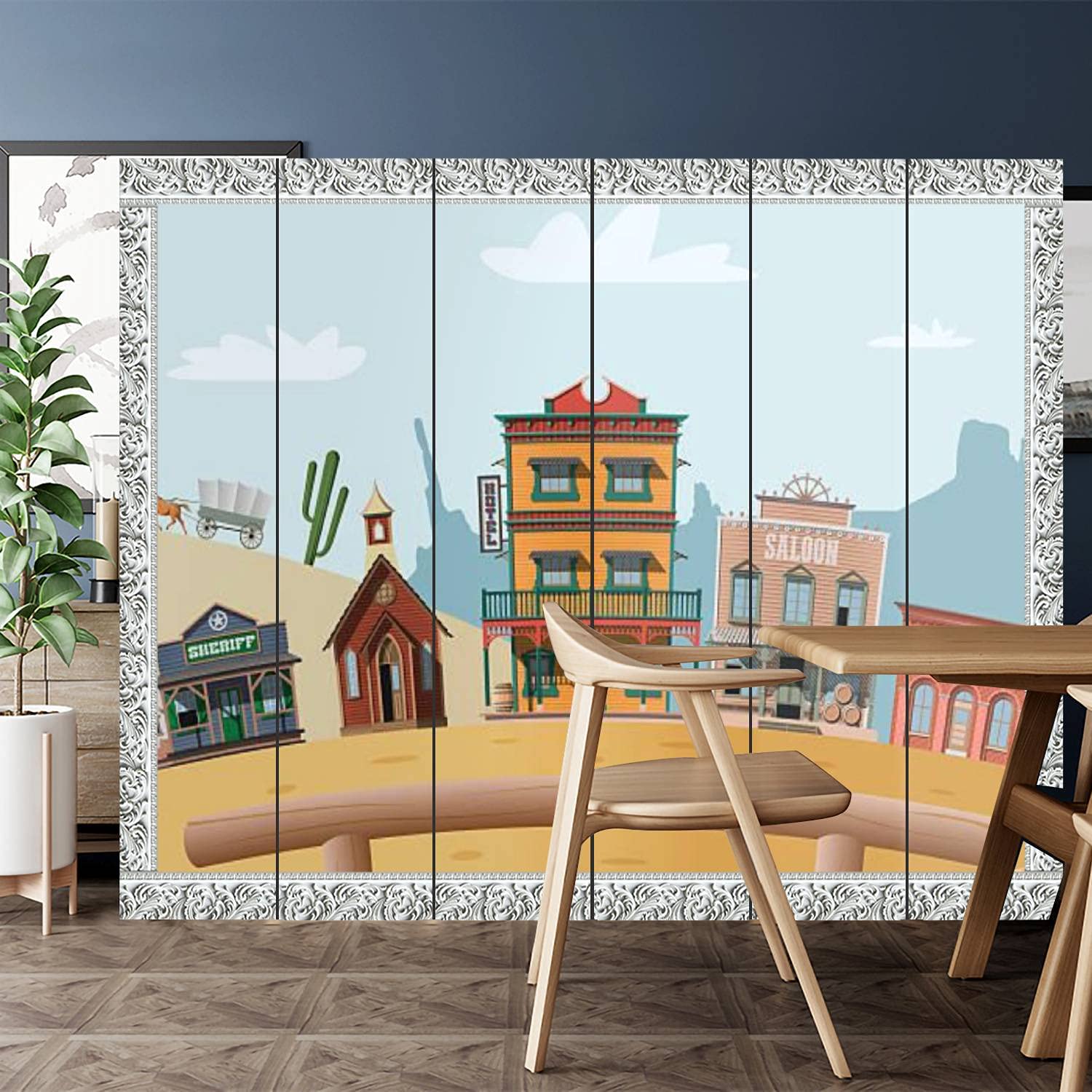 Wild West Town Canvas Room Divider Screen - 6 Panel Privacy Partition for Home, Office, Bathroom & Pool Areas | Western Style Window Design Room Separator for Indoor/Outdoor Use
