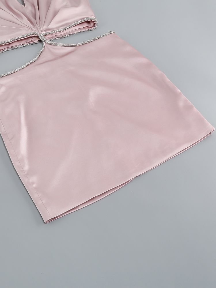 Pink Satin Mini Dress with Crossover Cutout Design - Perfect for Evening Parties, Date Nights & Special Occasions