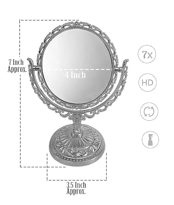 Silver Round Hand Mirror with Stand for Women & Girls | Portable Makeup Mirror for Vanity, Travel & Dressing Room | Perfect for Home, Salon & Gift