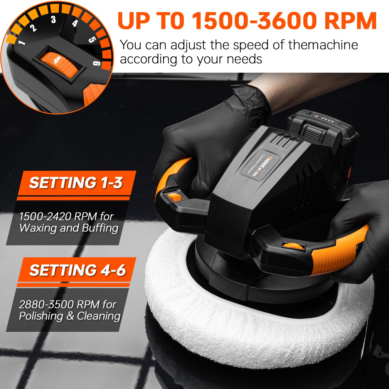 THINKWORK 20V Cordless Buffer Polisher - 10 Inch Car Polishing Machine Kit with 2Ah Battery, 6 Speed Settings (1500-3600 RPM), Double Handle - Perfect for Car Detailing, Waxing & Surface Restoration