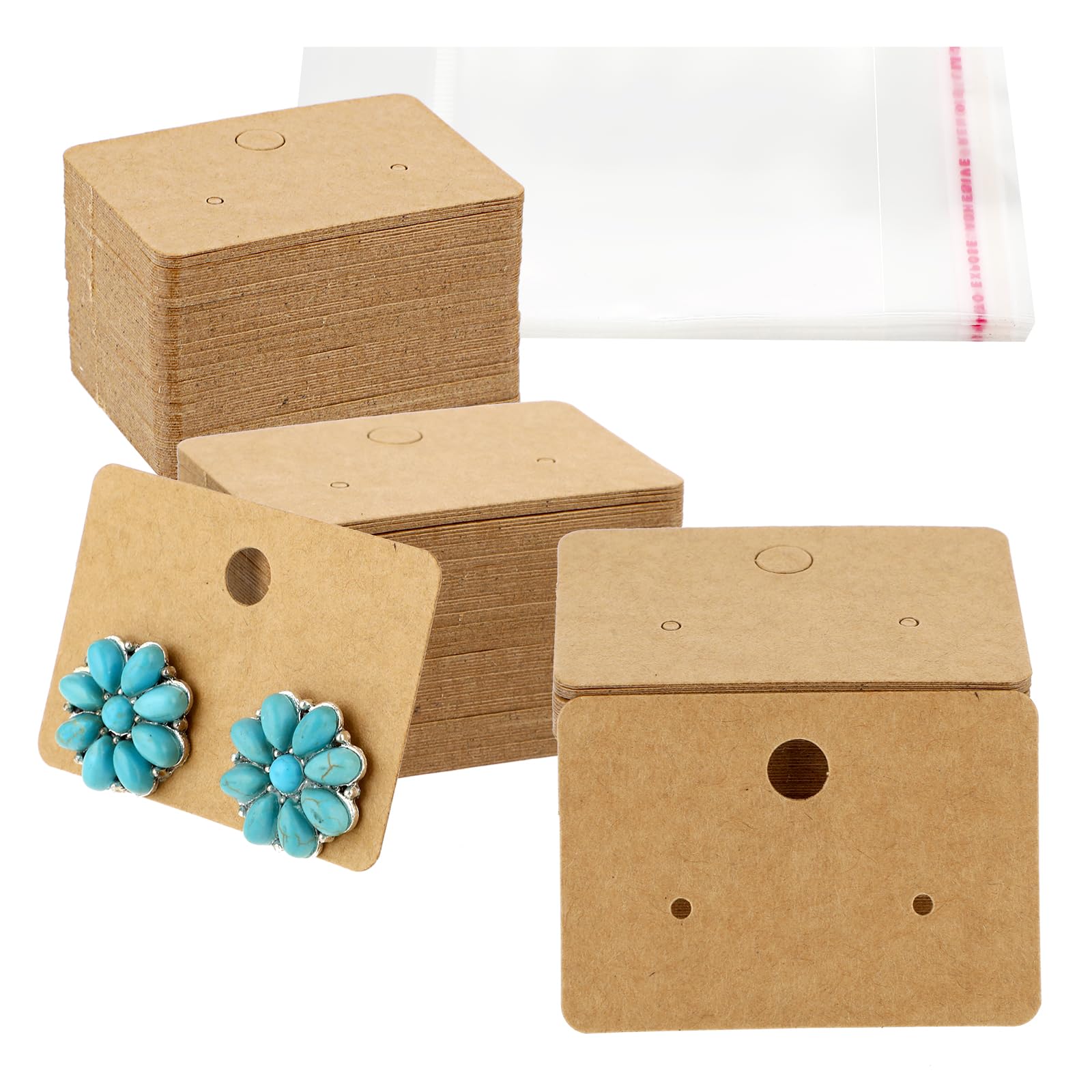 100 Pcs Kraft Paper Earring Display Tags with Self-Seal Bags - Square Brown Cardboard Jewelry Packaging for Boutique, Craft Show & Retail Store Displays