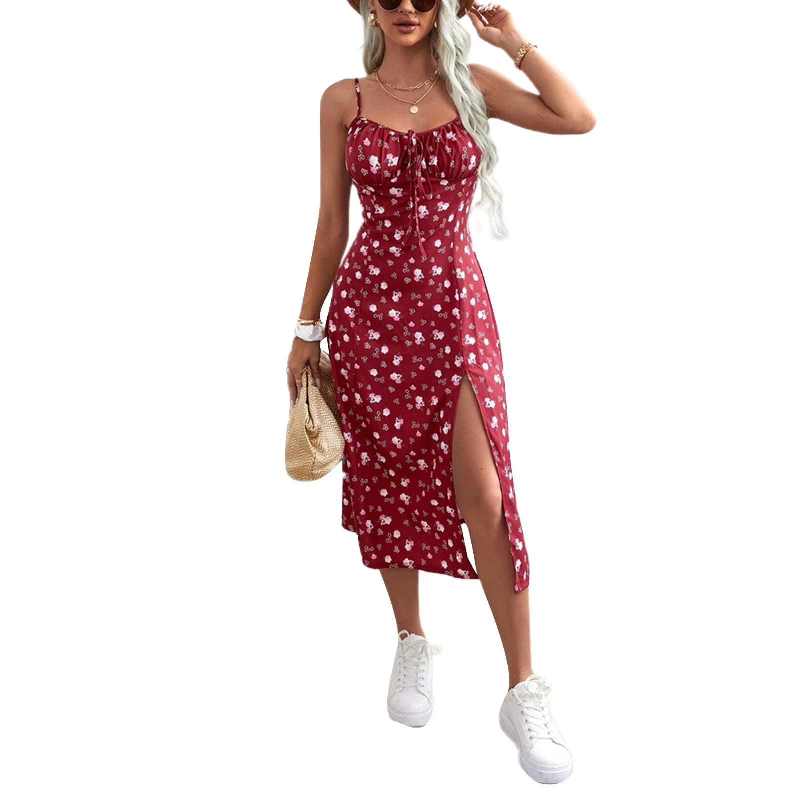 Women's Floral Sleeveless Spaghetti Strap Maxi Dress with Side Slit & Pleated Detail - Perfect for Beach Vacation, Summer Sundress, and Casual Outings