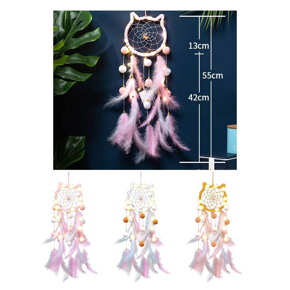LED Light Up Feather Dream Catcher - Cat Shaped Night Light with Fairy String Lights for Bedroom Decor, Boho Wall Hanging for Girls, Boys, Kids & Adults | Perfect for Nursery, Dorm Room, Meditation Space & Gift Giving