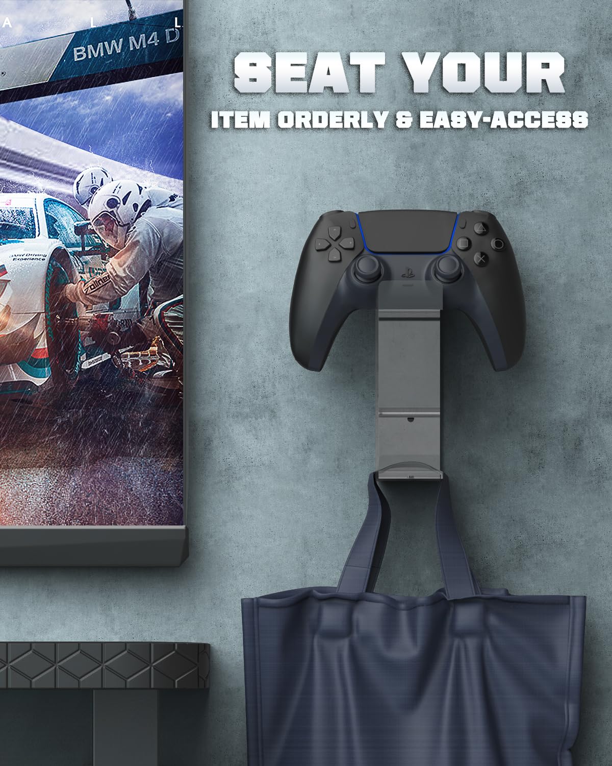 Moko Dual Game Controller Holder & Headphone Stand - Wall Mount for PS5, PS4, PS3, Xbox, Nintendo Switch, Steam Deck & PC Gaming Accessories - Perfect for Organizing Headsets and Controllers in Gaming Room Setup