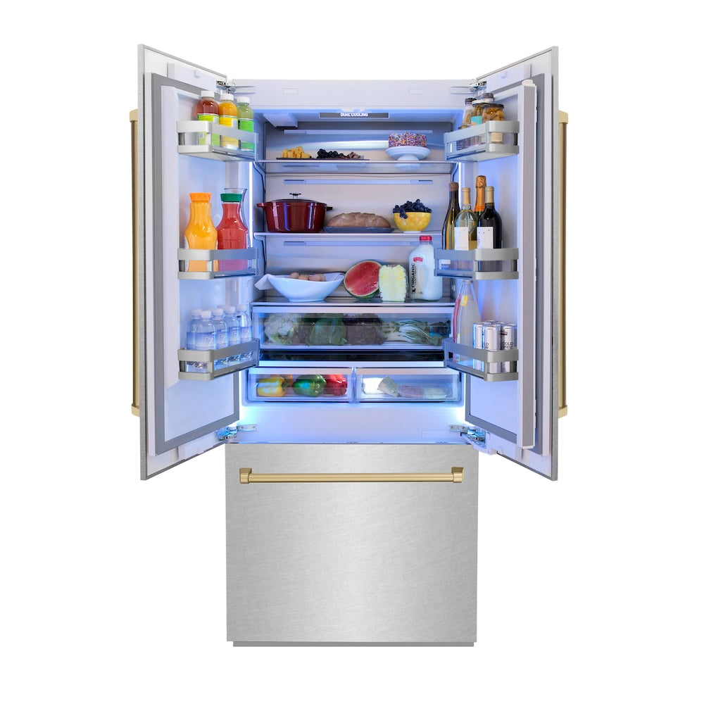 ZLINE Autograph Edition 36 Inch French Door Built-In Refrigerator with Bottom Freezer - 19.6 cu.ft Capacity, Water Dispenser & Ice Maker - Satin Stainless Steel with Champagne Bronze Accents (RBIVZ SN 36 CB) - Perfect for Modern Kitchens & Luxury Homes