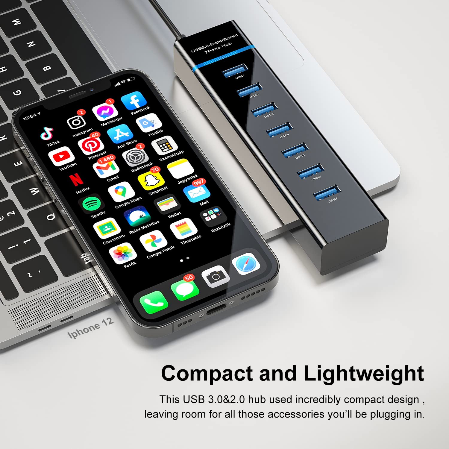 7-Port USB 3.0 Hub - 5Gbps High-Speed Splitter for MacBook, PC & Laptops - Works with Office & Gaming Setup