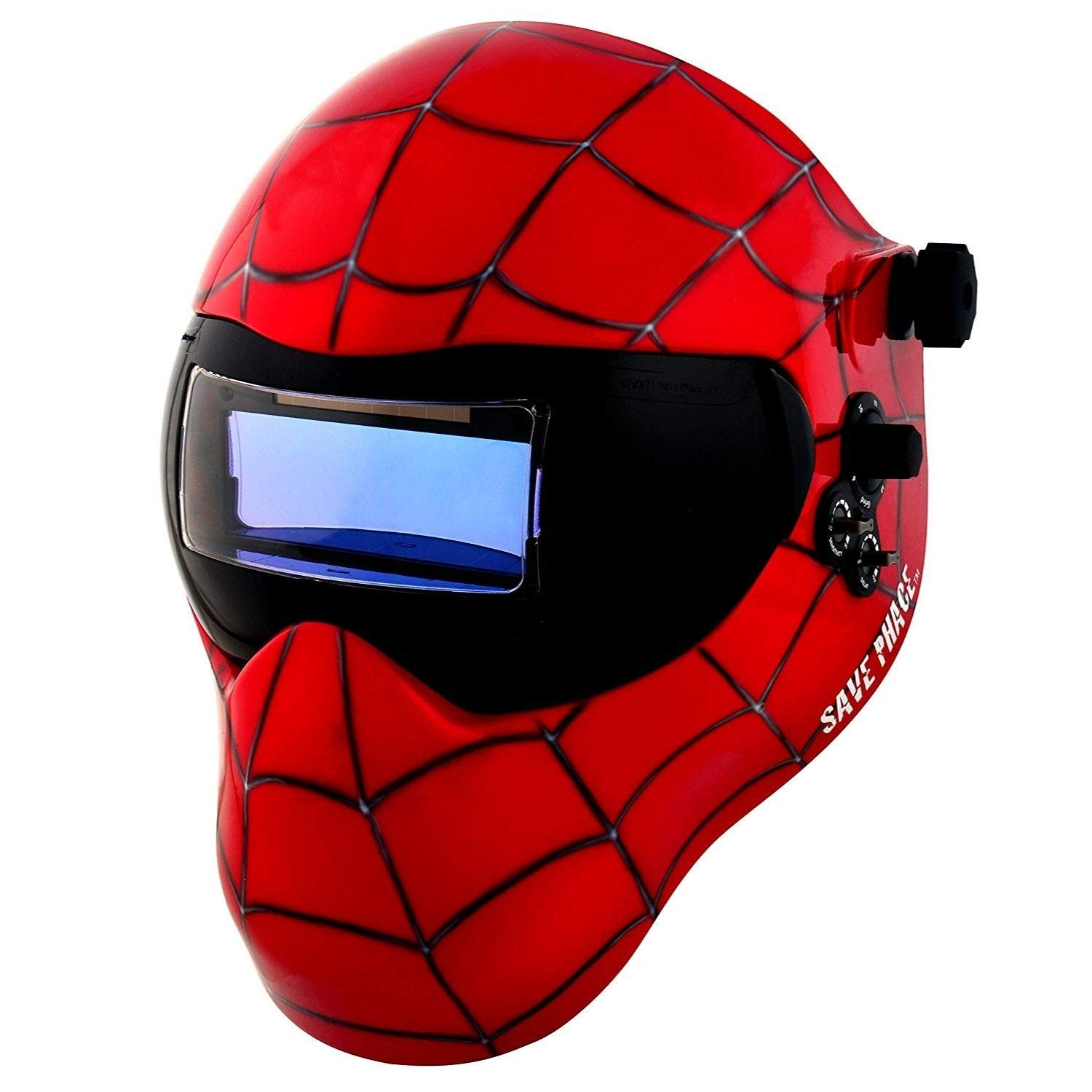 Save Phace Auto Darkening Welding Helmet - Spiderman Gen Y Welder Hood with Wide Viewing Area (2nd Largest) for SMAC/MIG/TIG/SPOT Welding - 2 ARC Sensors, Solar Powered & Grind Mode (3012336) - Perfect for DIY Projects, Metal Fabrication, and Professional Welding Work