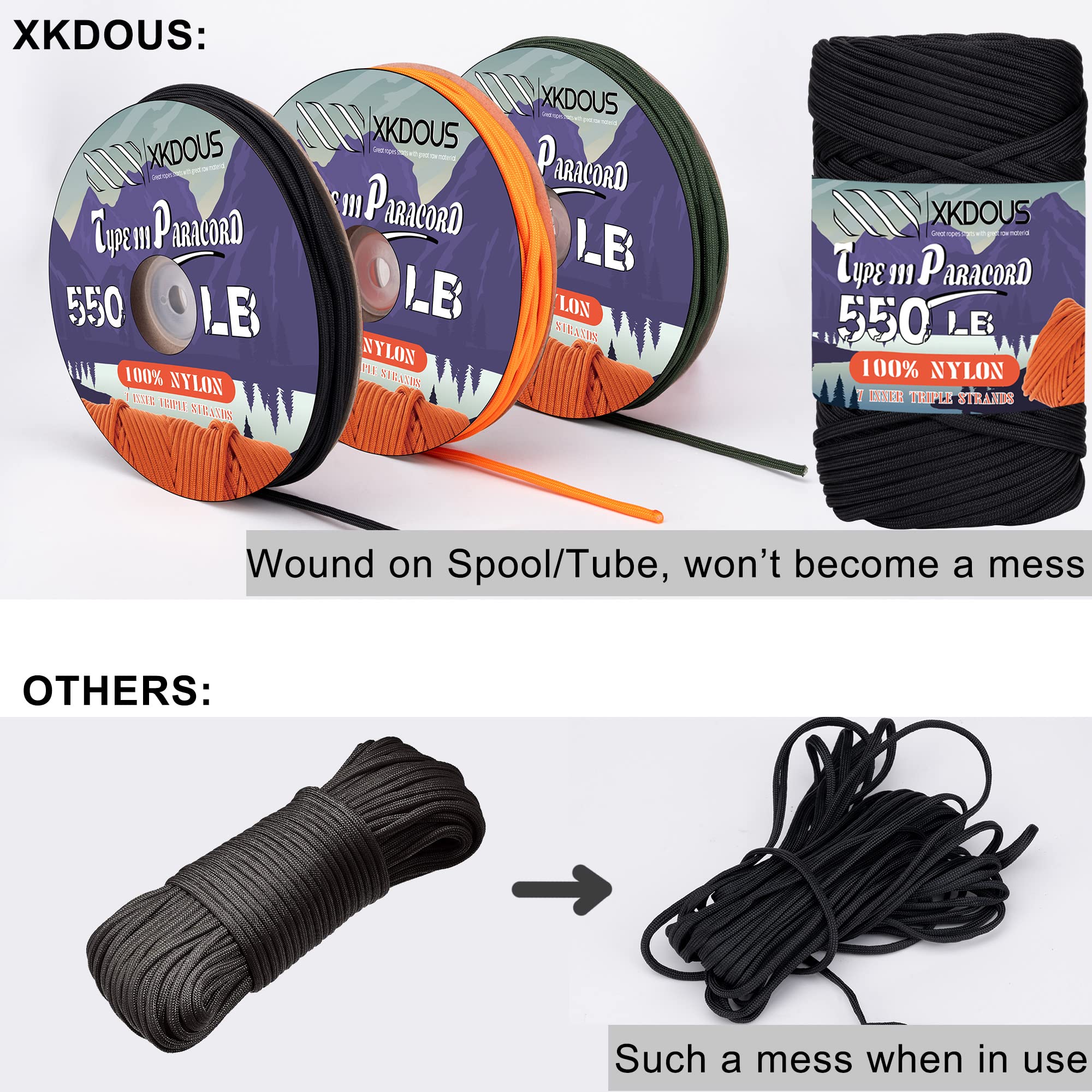 XKDOUS 550 Paracord 120ft - 7-Strand Tactical Rope for Survival, Camping & Hiking Gear