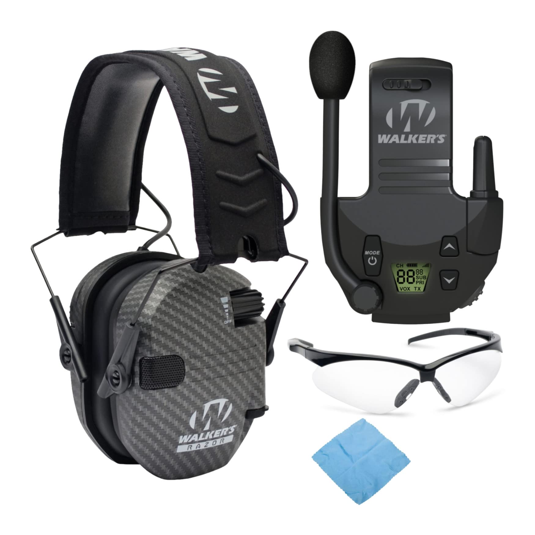 Walker's Razor Slim Electronic Shooting Earmuffs - Noise Cancelling Hearing Protection with Walkie Talkie & Safety Glasses Bundle - Ideal for Hunting, Shooting Range & Outdoor Activities
