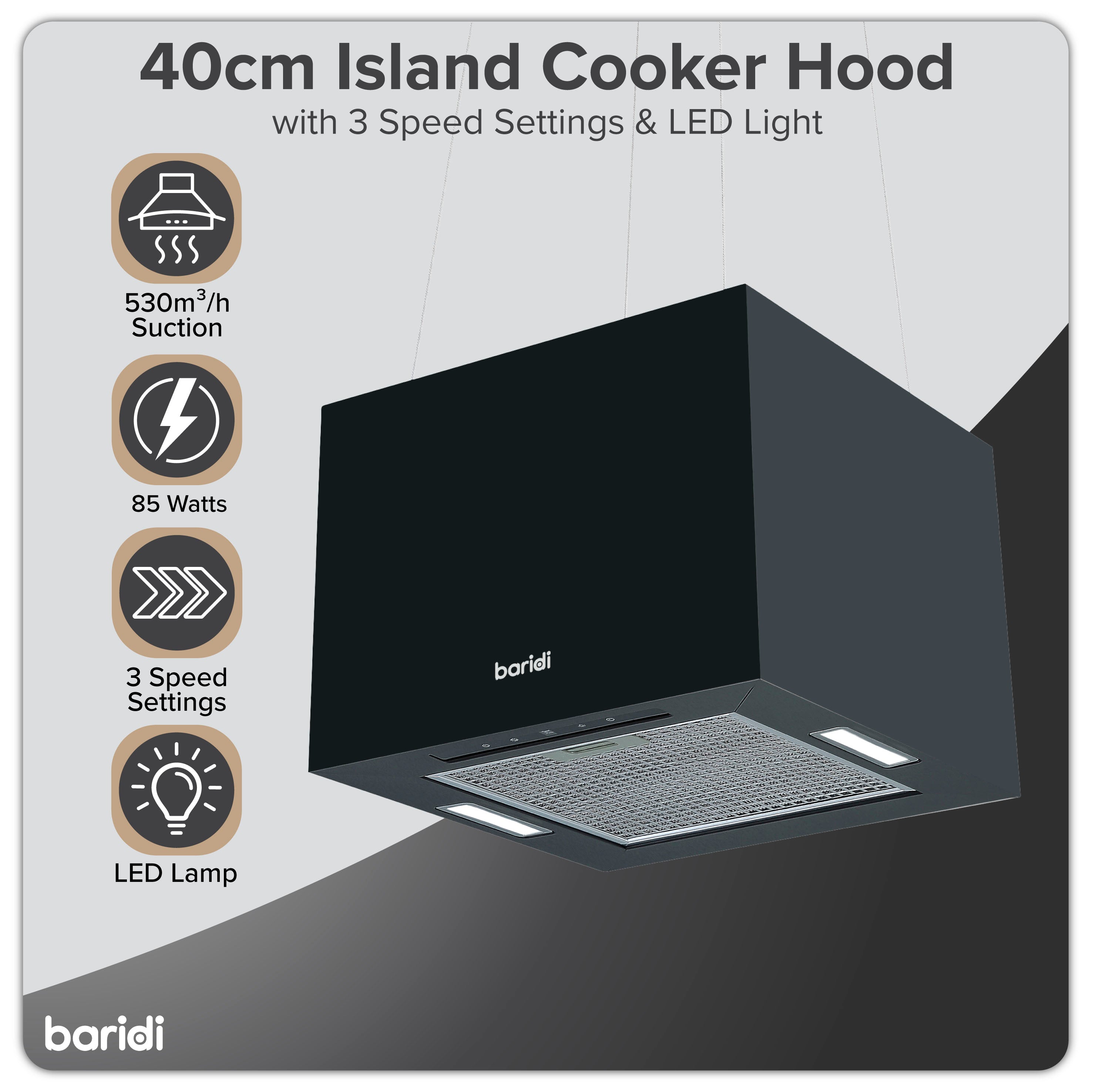 Baridi Island Cooker Hood - 40cm Square Stainless Steel Range Hood with 3 Speed Settings, Black (DH109) - Perfect for Modern Kitchens and Open-Plan Living Spaces