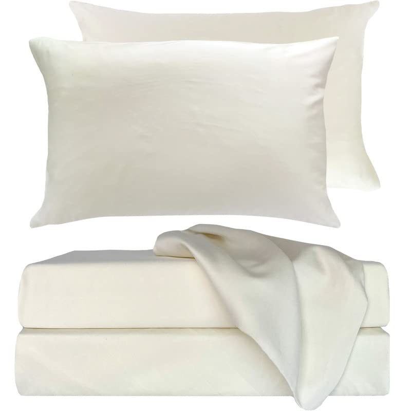 BedVoyage 100% Organic Bamboo Viscose Cooling Bedding Set - 2 Pillowcases, 1 Fitted Sheet, 1 Flat Sheet & Linen Bag - Ultra Soft Ivory Sheets for Hot Sleepers - Perfect for Summer Nights & Temperature Regulation