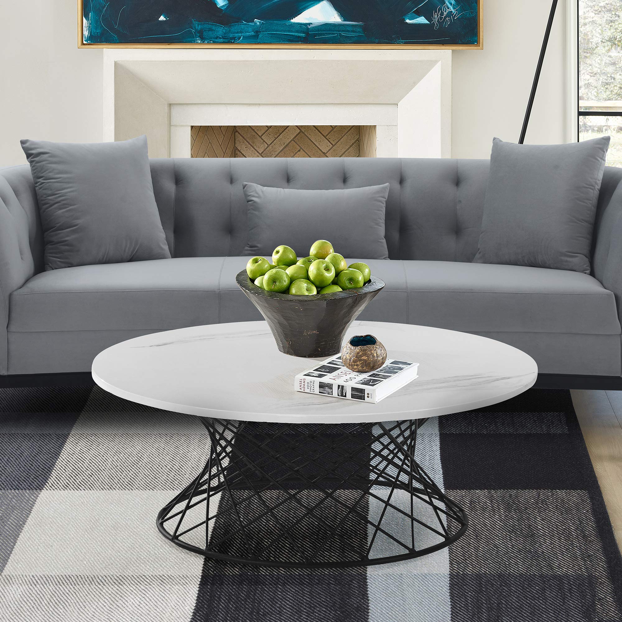 Armen Living Loxley White Marble Coffee Table with Black Metal Base - Modern Living Room Centerpiece for Home Decor