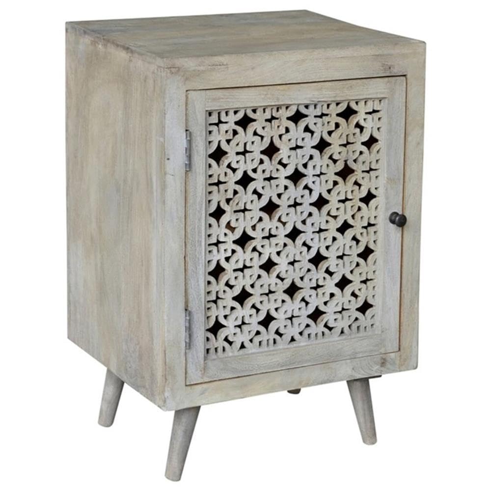 Hand-Carved Solid Wood Nightstand - Natural Finish Moti Halle Bedside Table for Bedroom Decor & Storage