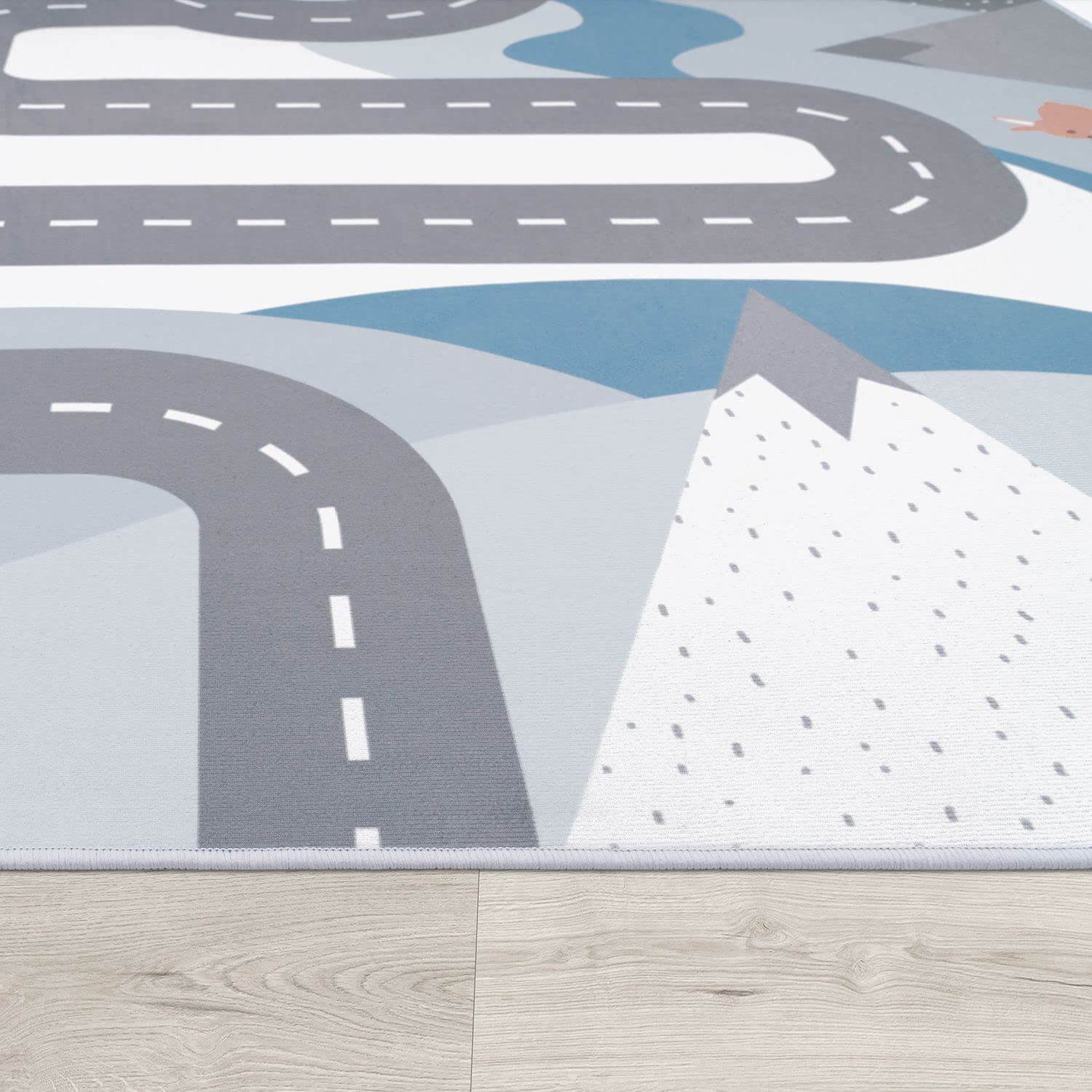 Paco Home Kids Rug Play Mat - Blue Cream Mountain Road with Bears & Trees Design - 5'3