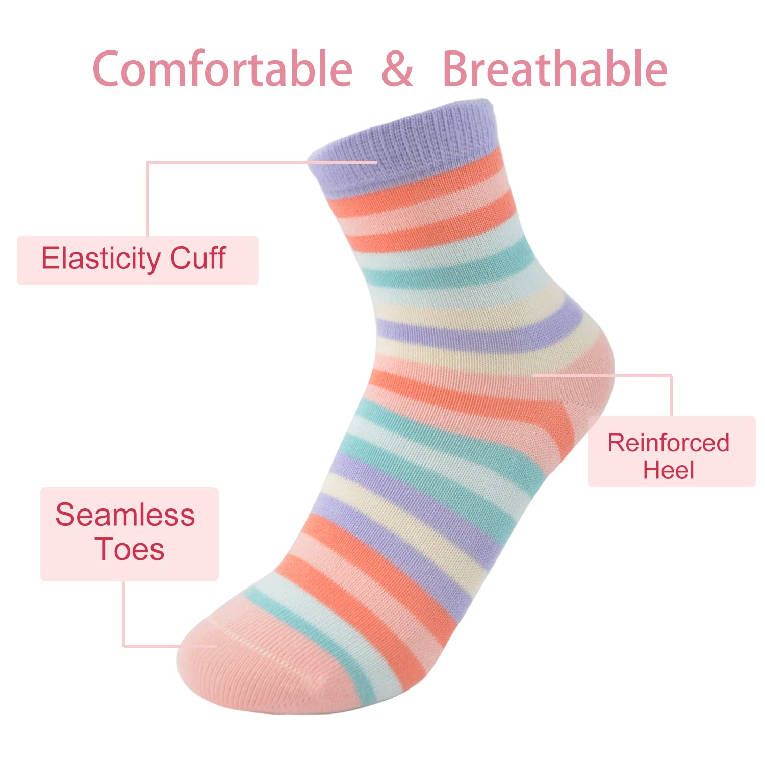 Marchare Girls Seamless Cotton Crew Socks for Kids - 5 Pack Rainbow Stripes Casual & School Socks - Soft, Comfortable Everyday Wear for Play, Sports & Classroom