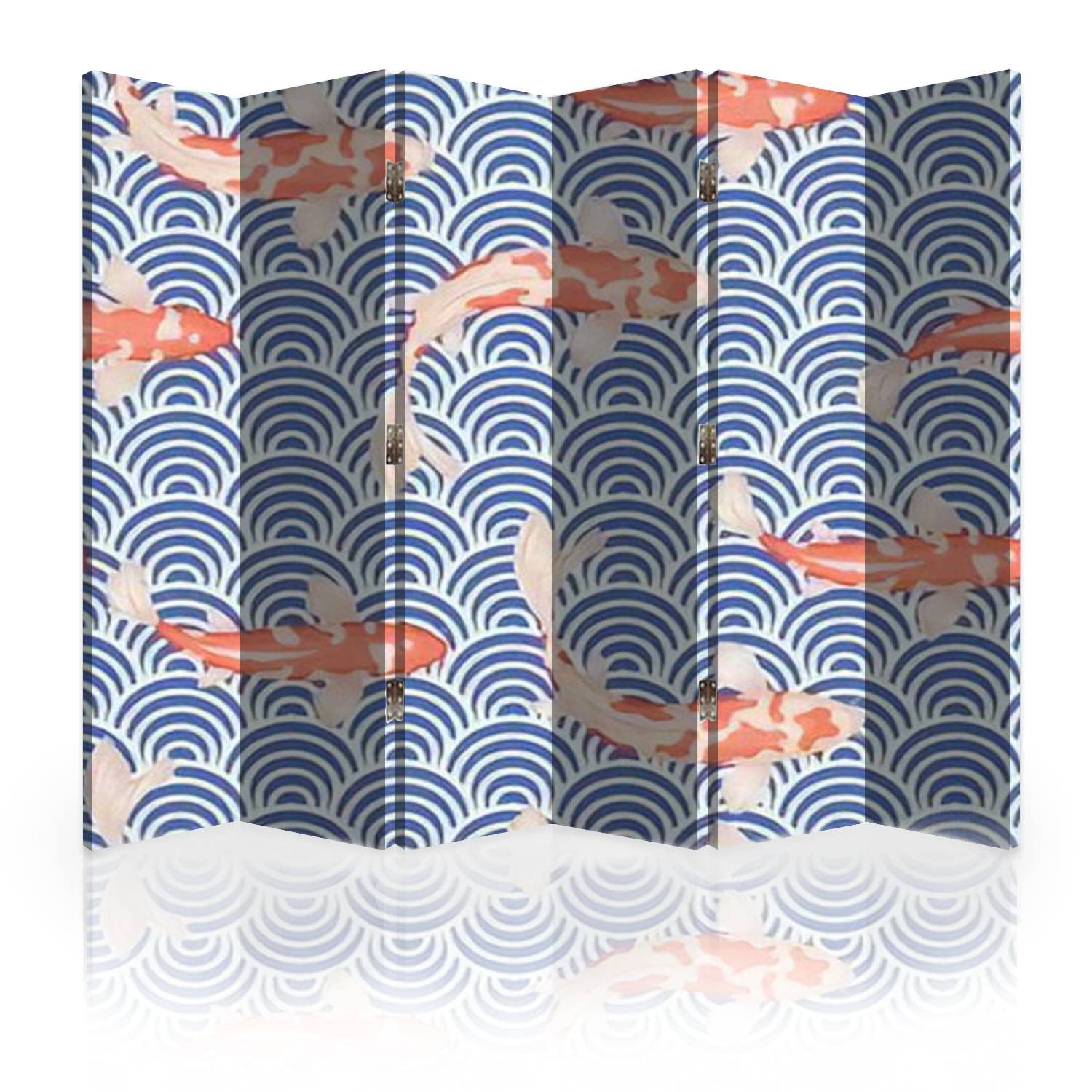 Japanese Wave Seamless Canvas Room Divider - 6 Panel Folding Privacy Screen with Fish Design | Room Separator & Wall Partition for Home, Office, and Event Spaces