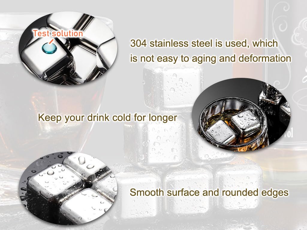 18PCS Stainless Steel Whiskey Ice Cubes Set - Reusable Metal Cooling Stones with Non-Slip Ice Tongs & Black Velvet Bags - Perfect for Whisky, Vodka, Wine, Cocktails, Juice and Soda - Ideal for Home Bars, Parties and Gifts