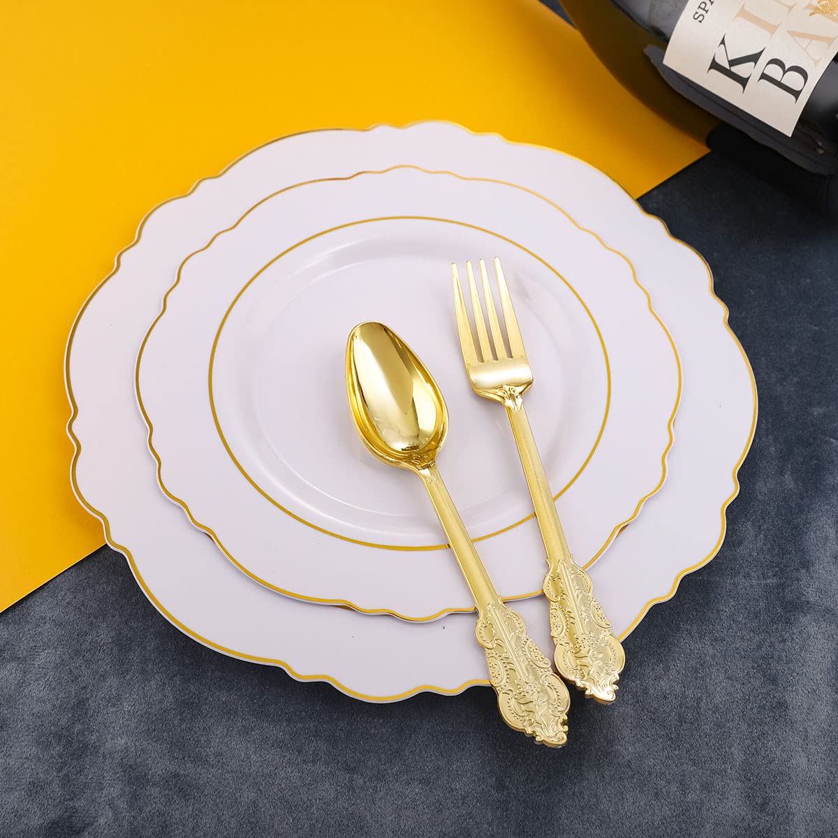 48-Pack 7oz Gold Glitter Plastic Dessert Cups with Spoons - Disposable Gold Party Plates, Silverware & Cups for Birthday, Wedding, Baby Shower & Holiday Events