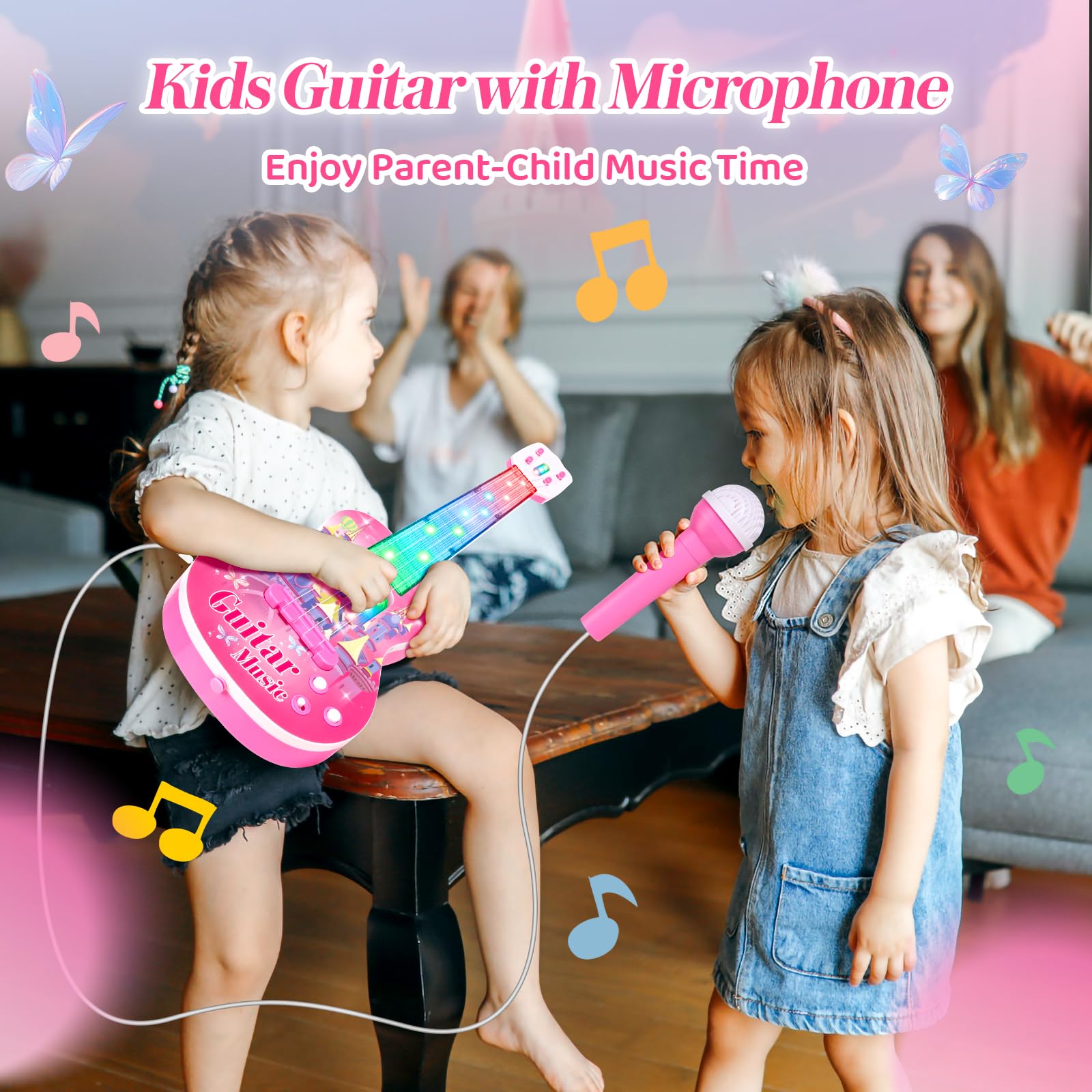 Kids Electric Guitar and Microphone Playset - 4-String Musical Toy Guitar with Adjustable Stand, LED Music Lights & Karaoke Function - Perfect Birthday Gift for Boys & Girls | Home Music Party, Stage Performance & Early Childhood Education