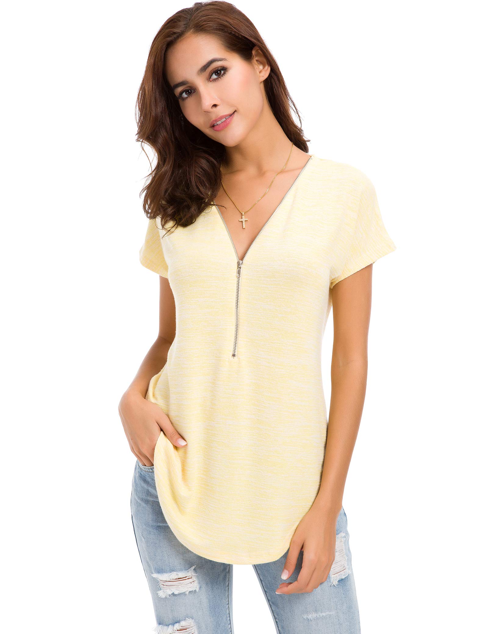 LUSMAY Women's Casual V-Neck Tunic Top with Zipper Detail - Loose Fit Short Sleeve Blouse for Summer | Perfect for Work, Travel & Everyday Wear