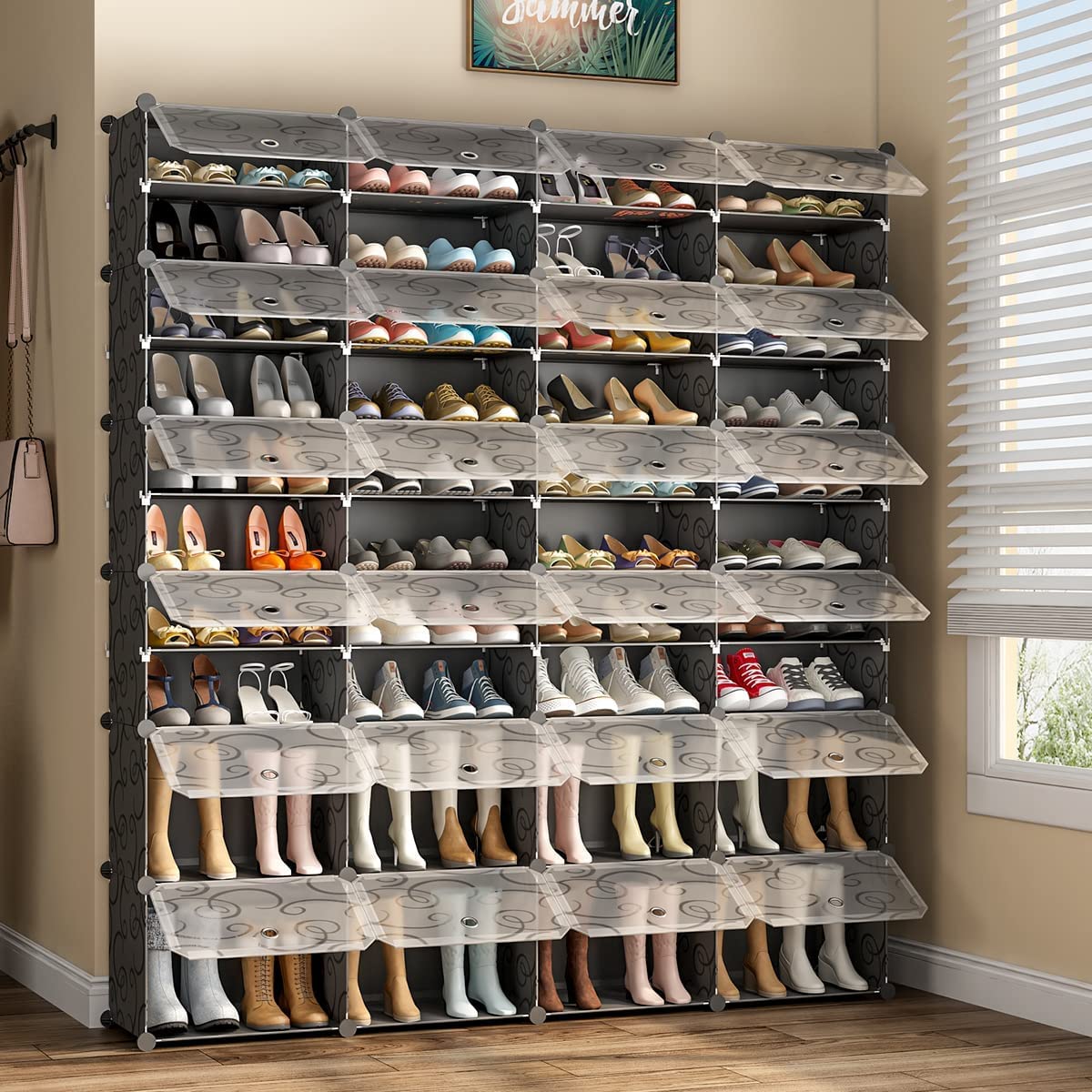96 Pairs Expandable Stackable Shoe Rack Organizer - Space Saving Shoe Storage Cabinet with Hooks & Side Shelf for Entryway, Closet, Bedroom - Black (Perfect for Small Spaces & Home Organization)