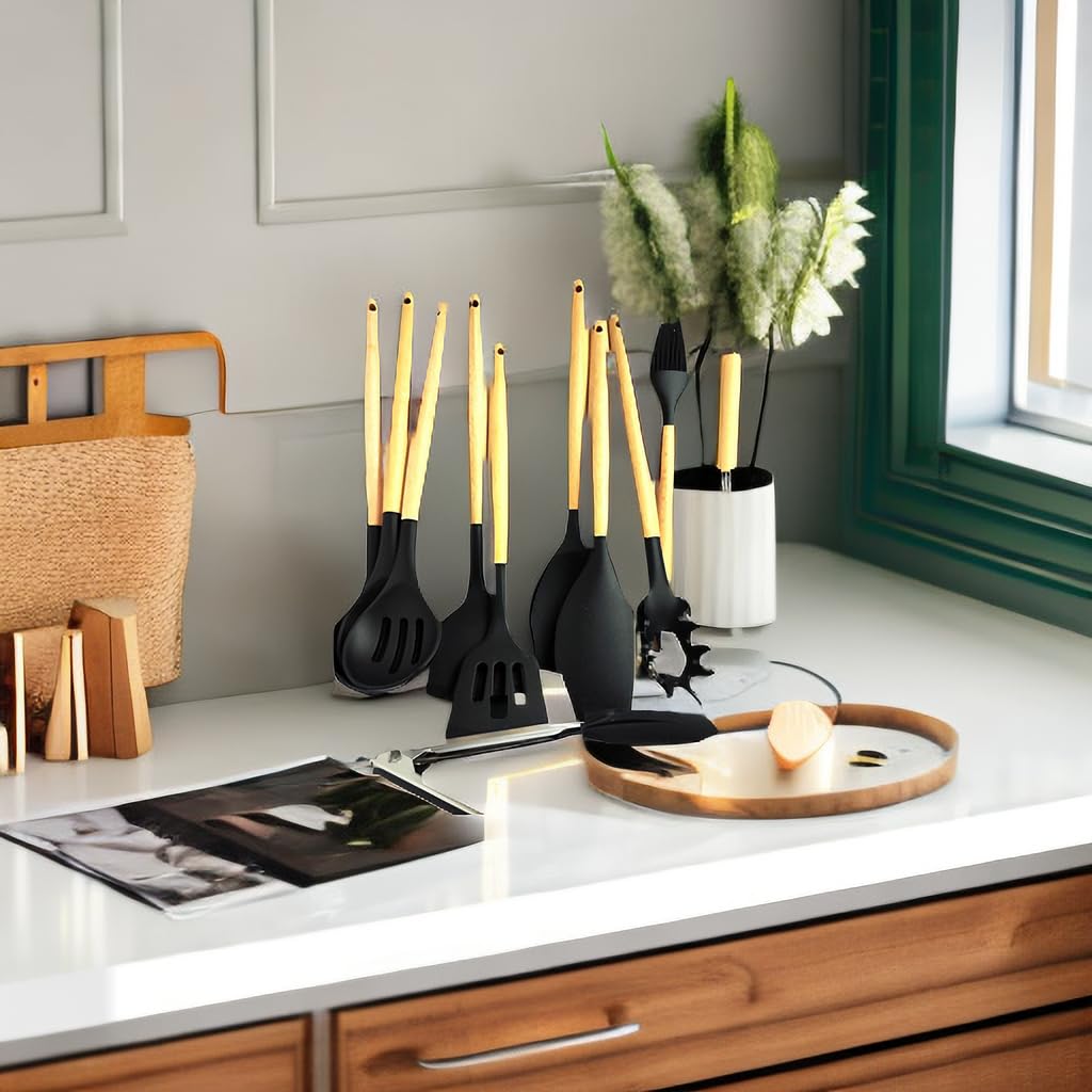 Heat Resistant Silicone Kitchen Utensils Set - 12 Piece Nonstick Cooking Tools with Spatula for Baking, Frying & Sauteing - Black Cookware Essentials for Home Chefs