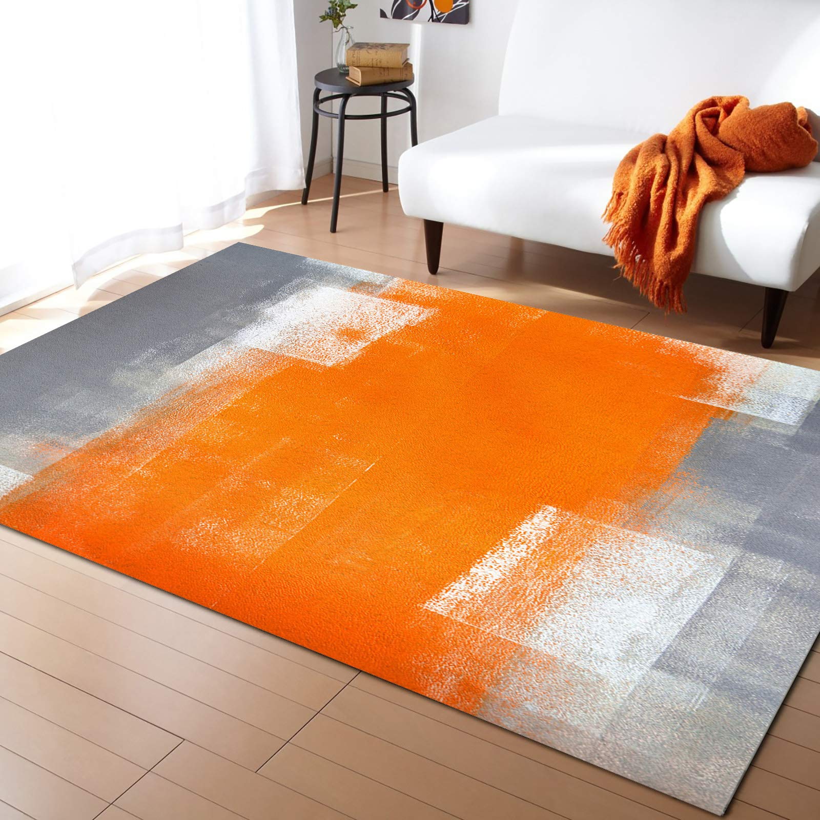 5'x7' Orange Grey Abstract Ombre Area Rug - Non-Skid Washable Kitchen Rug, Baby Safe Carpet with Oil Painting Gray Gradient Design - Perfect for Living Room, Bedroom, Bathroom & Hallway Runner - Absorbent & Durable Floor Mat for Home Decor