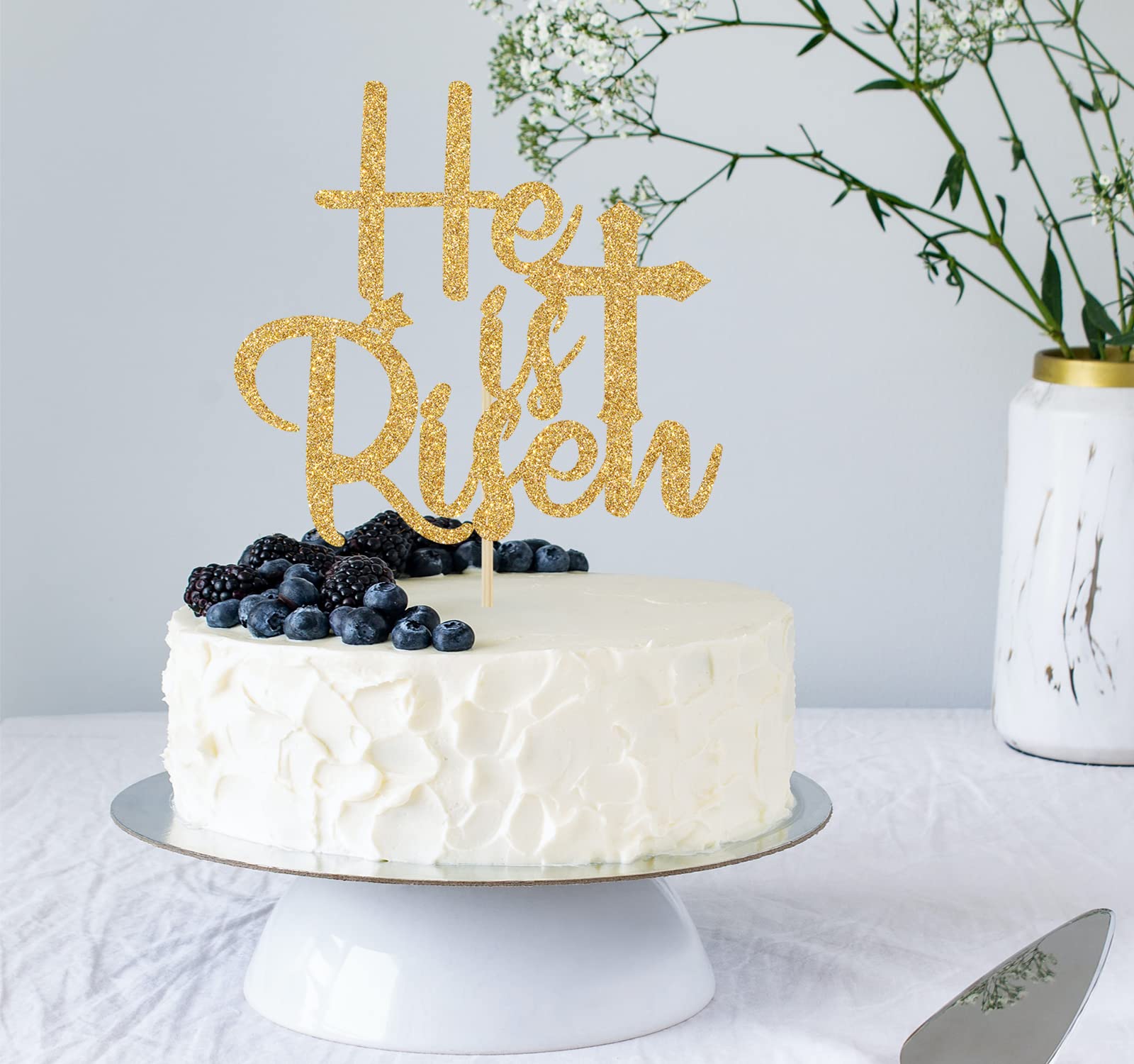 He is Risen Cake Topper - Gold Glitter Jesus Cross Easter Cake Decorations for Easter Party Supplies & Religious Celebration