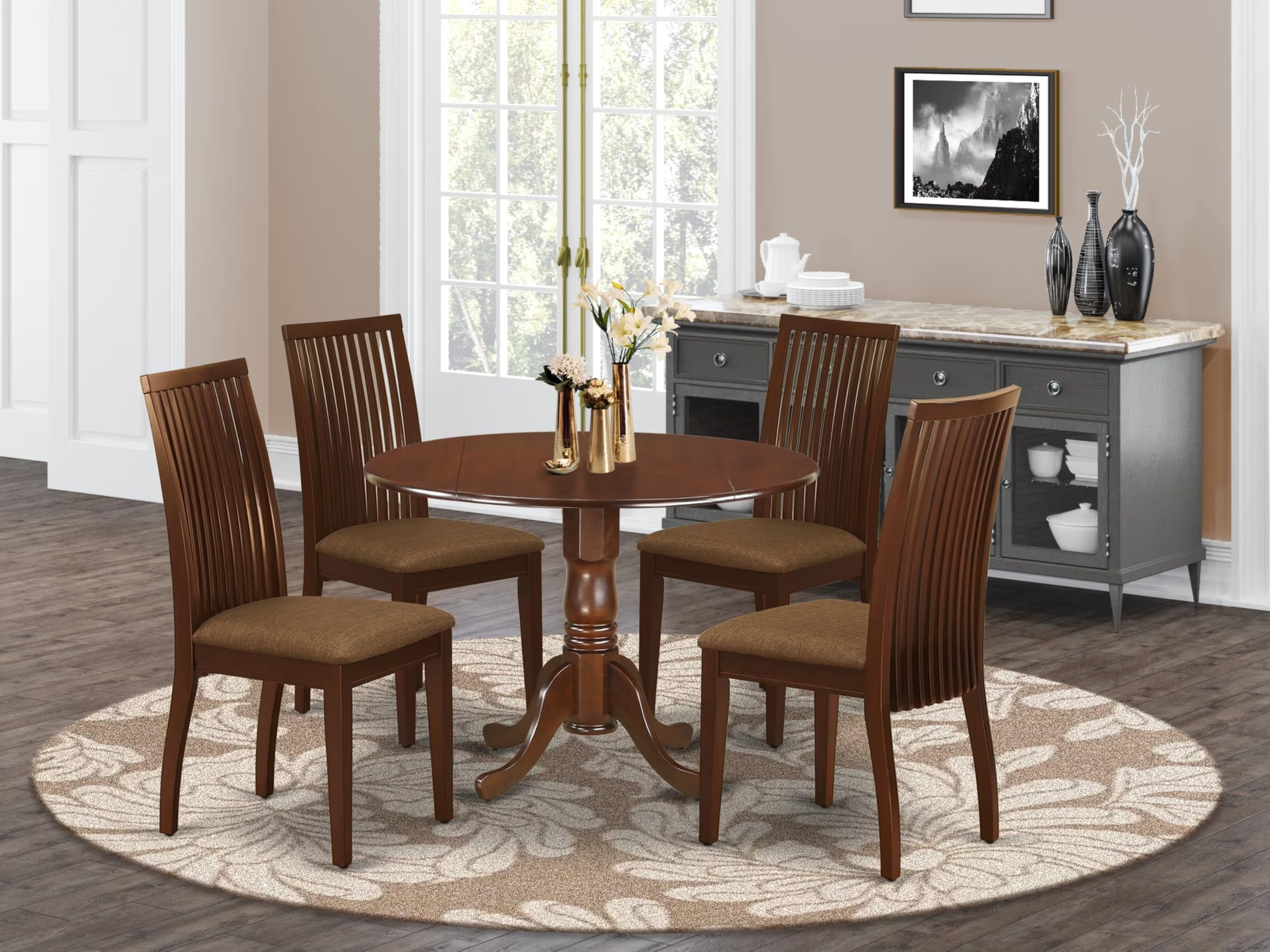 East West Furniture DLIP5-MAH-C 5-Piece Modern Dining Room Set - Round Expandable Mahogany Wood Table with Drop Leaf & 4 Linen Upholstered Chairs, 42x42 Inch - Perfect for Small Spaces, Breakfast Nooks & Cozy Apartments