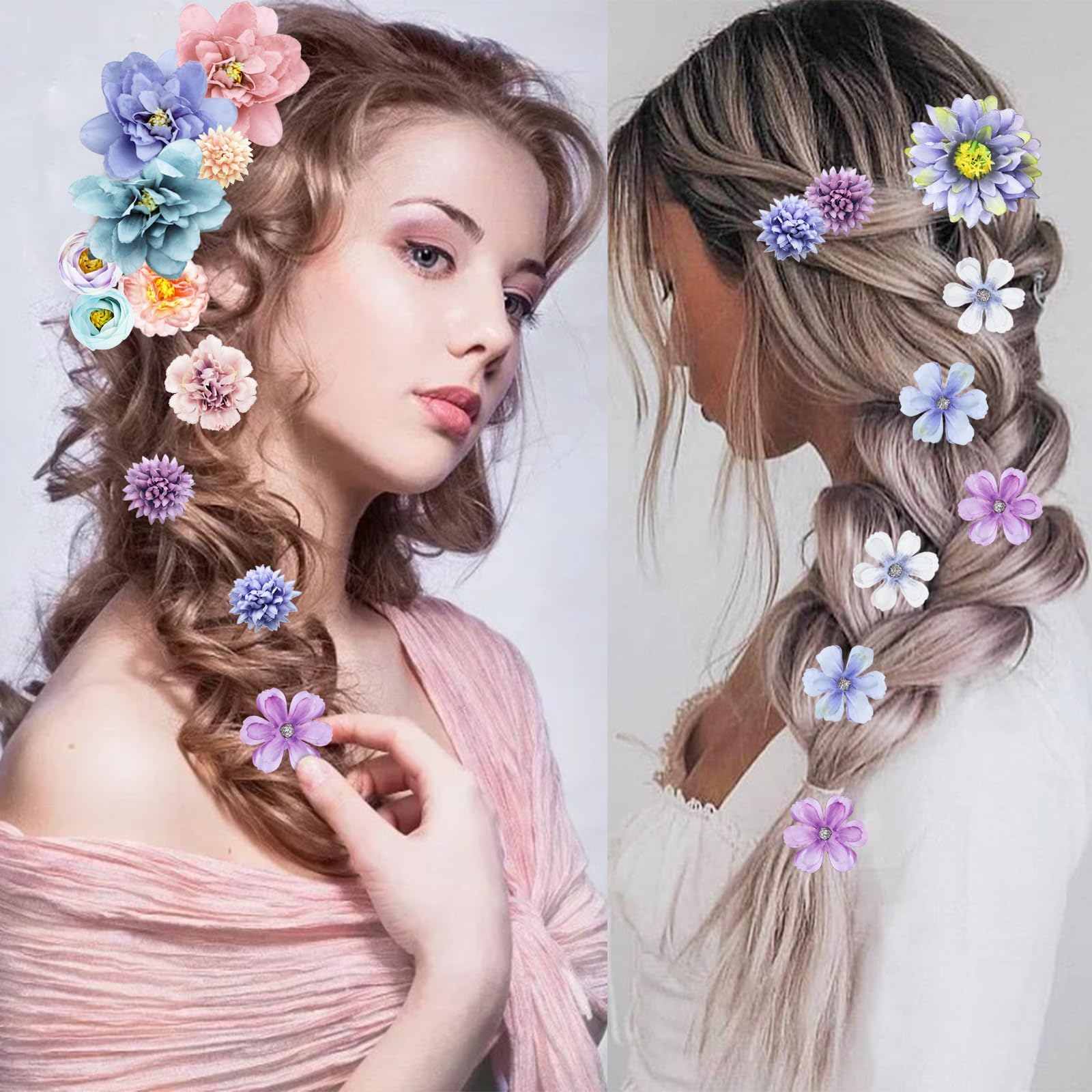 21 PCS Boho Hair Barrettes - Hawaiian Silk Flower Clips for Girls, Brides & Festival Goers (Blue & Purple Floral) | Perfect for Weddings, Beach Parties & Music Festivals
