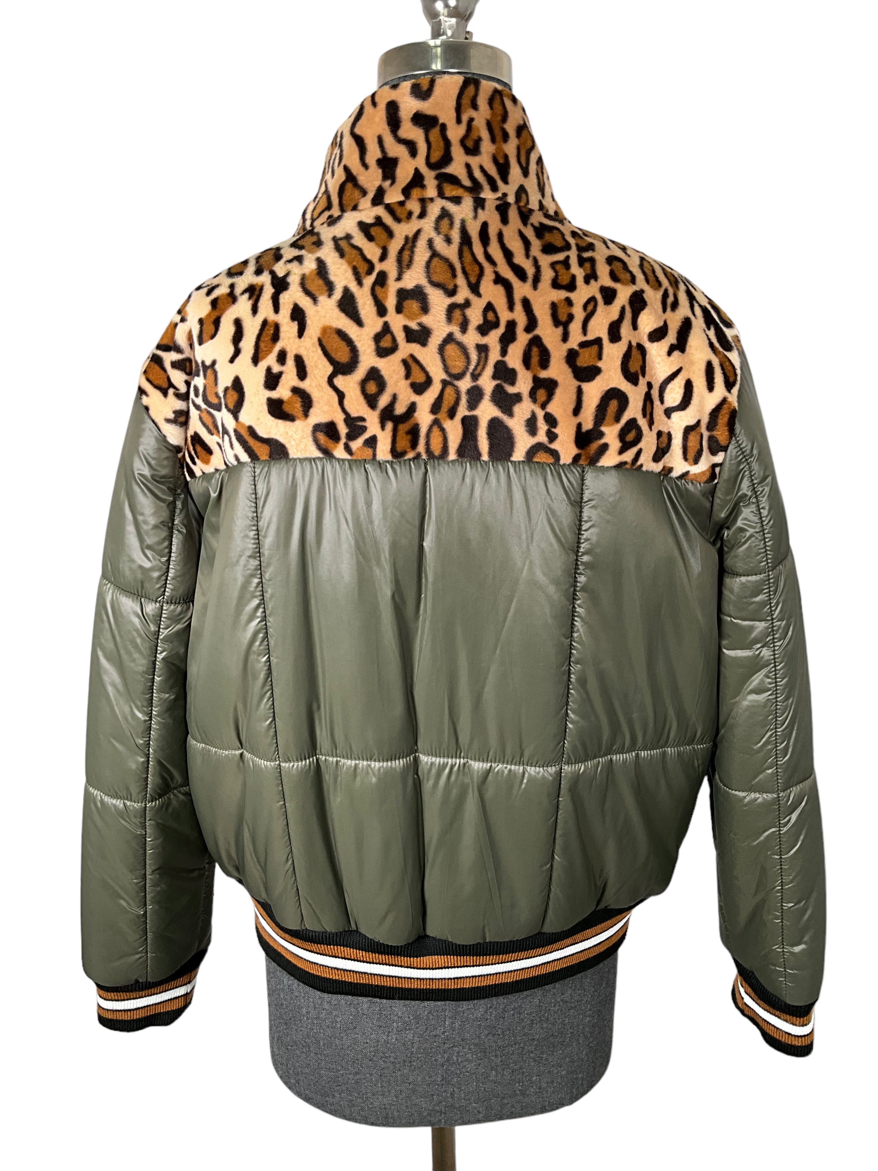 Stylish Olive & Cheetah Print Puffer Jacket - Women's Size S | Winter Fashion Outerwear for Casual Wear & Outdoor Activities