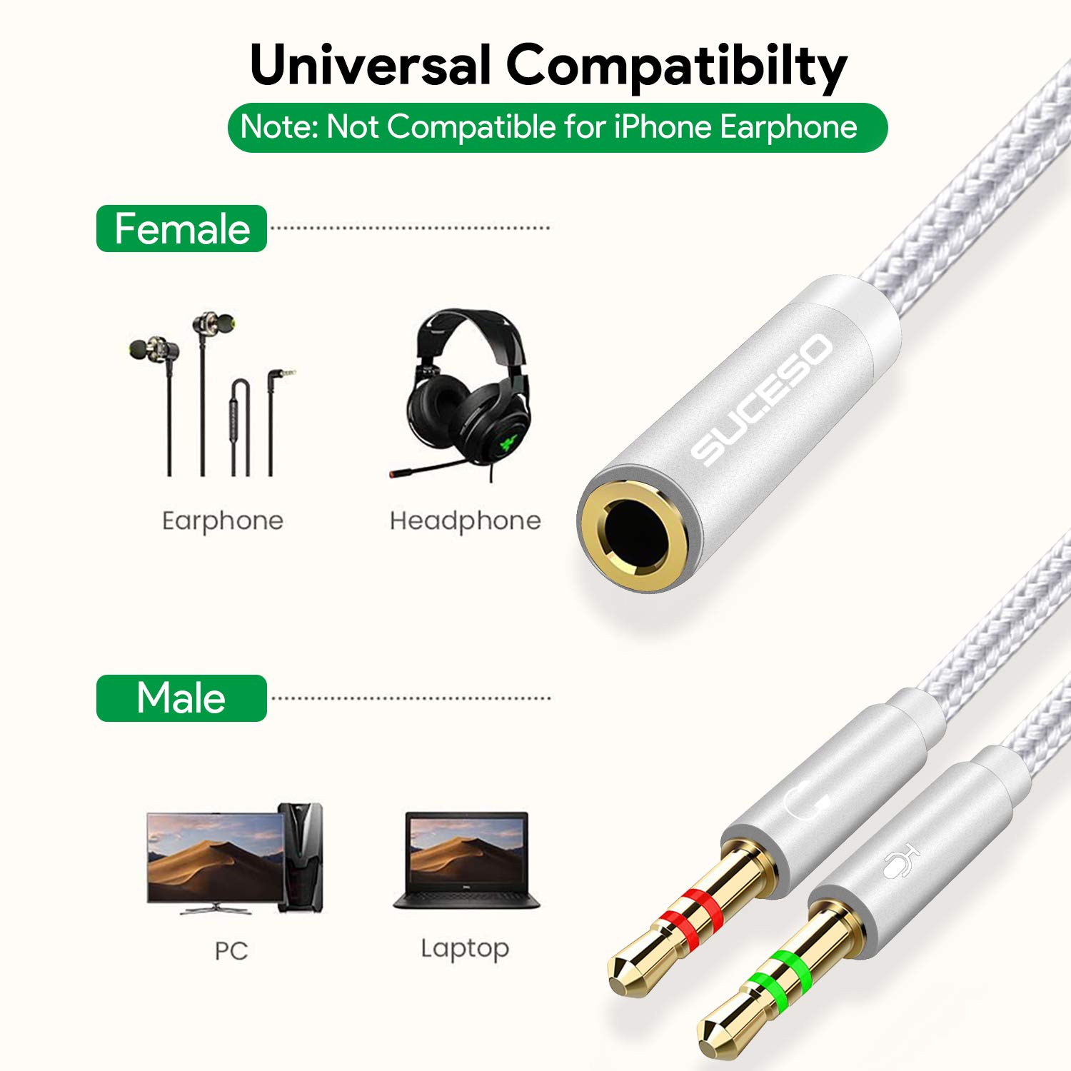SUCESO 3.5mm Headphone Mic Splitter Cable - CTIA Standard Headset Adapter, Female to Dual Male Audio Jack, Compatible with PC, PS4, Gaming Headsets & Speakers (1m Silver) - Perfect for Online Gaming, Conference Calls & Home Theater Systems