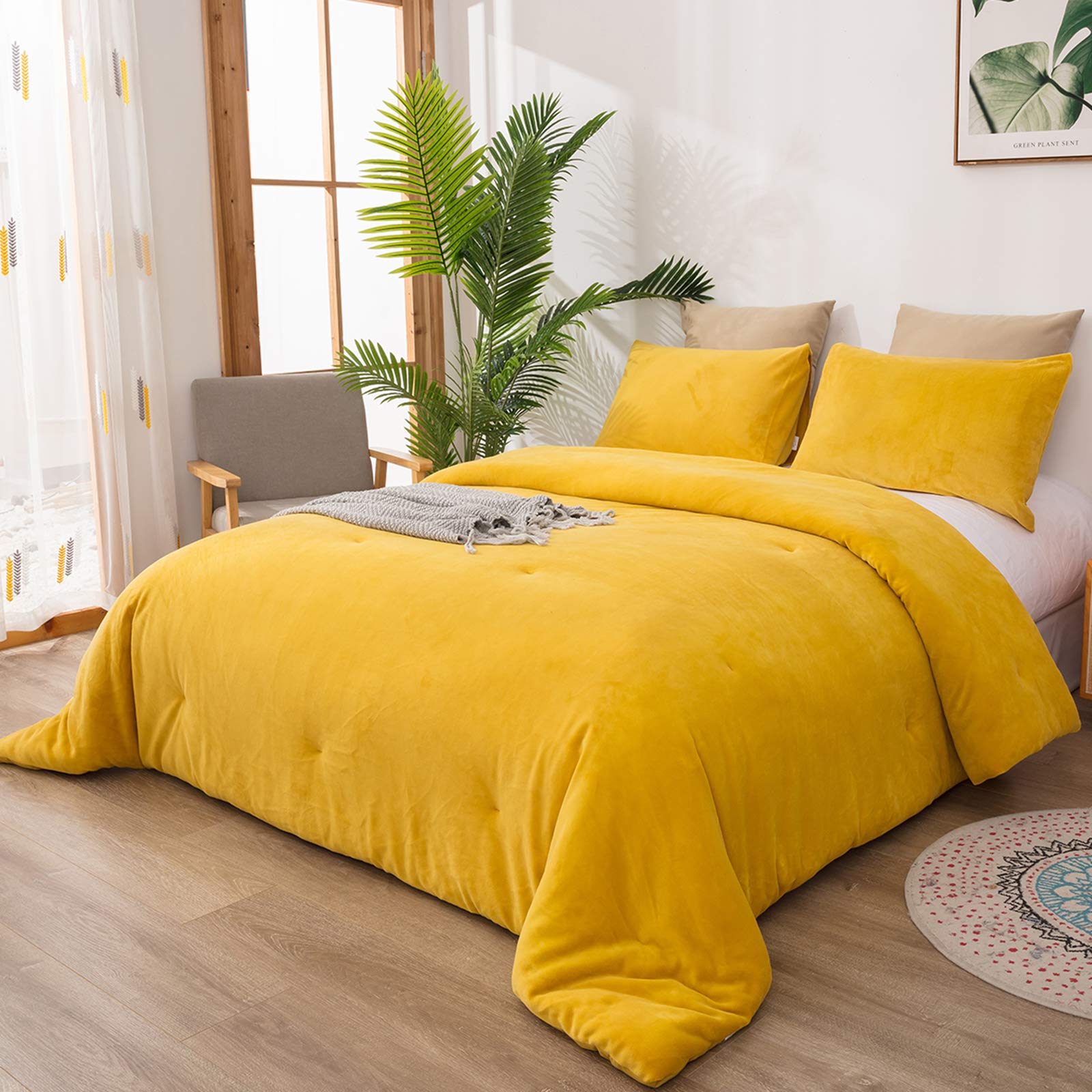 Mustard Yellow Velvet Comforter Set Queen - Plush Flannel & Sherpa Lined Winter Bedding - Heavyweight Micromink Warm Comforter for Women, Men, Adults & Teens - Perfect for Cozy Bedrooms & Cold Weather Nights