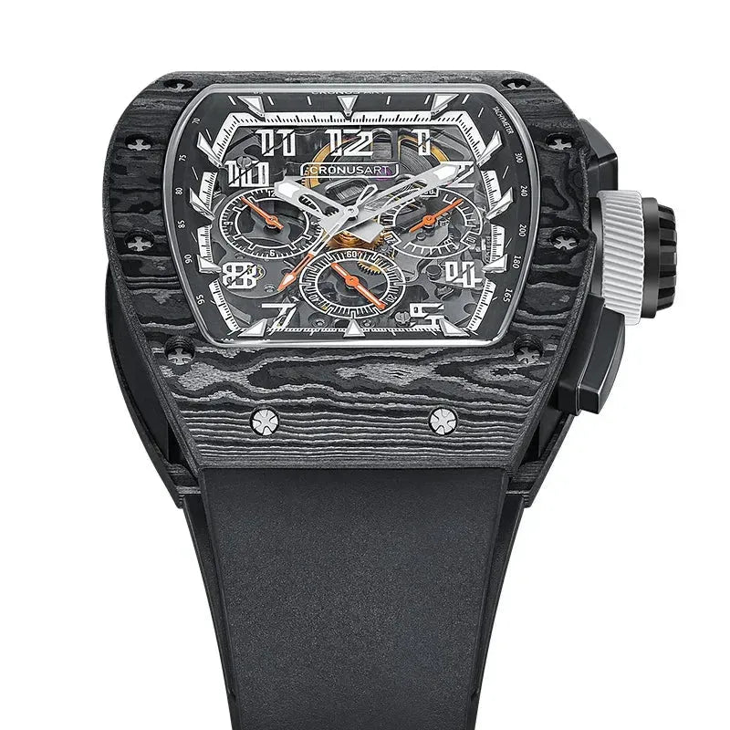 CRONUSART Men's Automatic Chronograph Watch - 50mm Tonneau Mechanical Wristwatch with Carbon Fiber Case, Luminous Hands, and Fluororubber Strap - Perfect for Sports, Outdoor Activities & Casual Wear