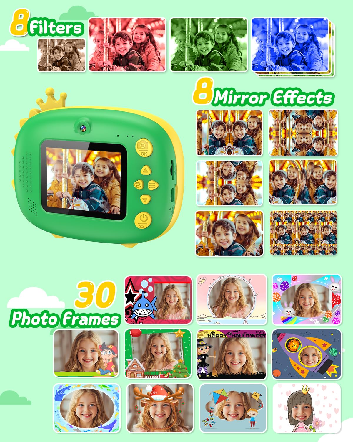 20MP Kids Instant Print Camera with 1080P Video - Ink-Free Dinosaur Toy Camera for Ages 3-10 - Perfect Christmas & Birthday Gift for Toddlers (Green) - Capture Childhood Memories at Parties & Family Events