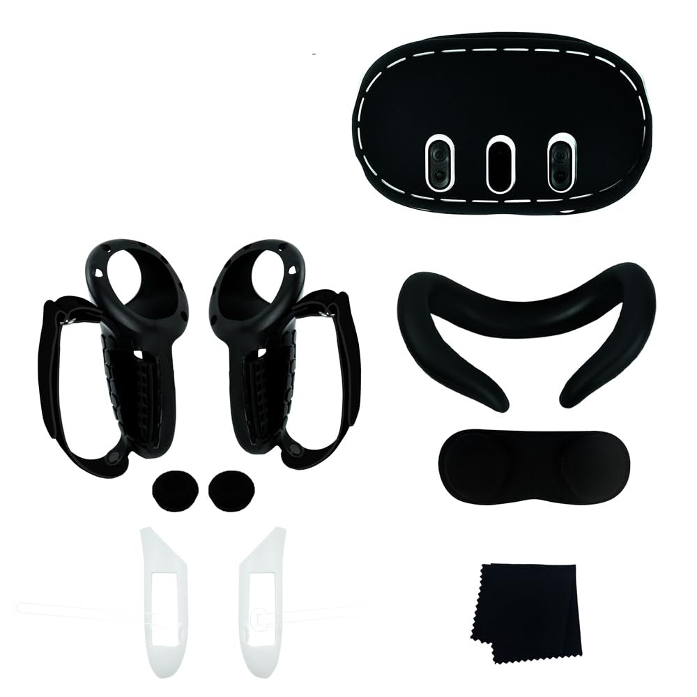 Meta Quest 3 Accessory Set - 10-in-1 VR Controller Grips Cover, Headset Protective Case, Silicone Face Mask Cushion, Lens Protector, Handle Button Caps & Battery Cover (White) | Enhanced Comfort & Protection for VR Gaming, Fitness & Entertainment