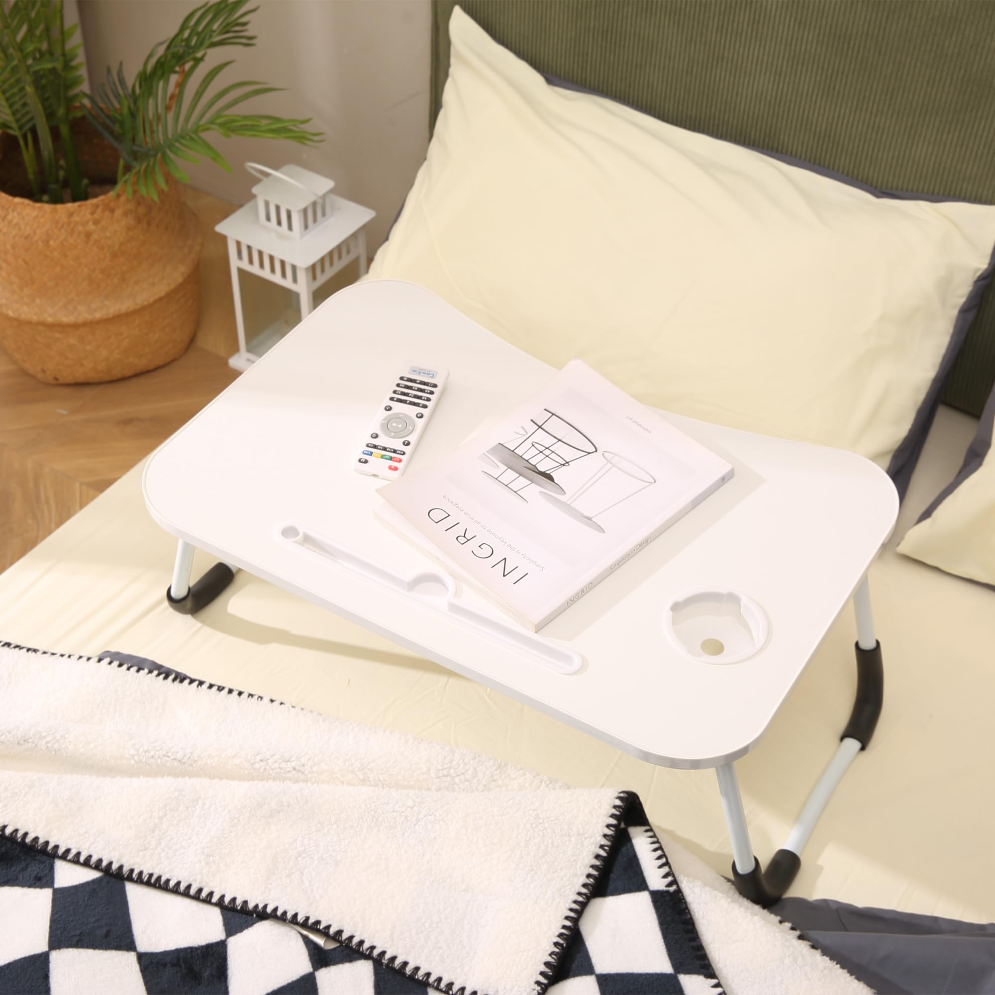EAQ Foldable Laptop Bed Tray Table with Cup Holder, Storage Drawer & Bookshelf - Portable Work Desk for Laptop, Reading & Writing on Bed, Couch or Sofa - Perfect for Home Office, Study & Relaxation (White)