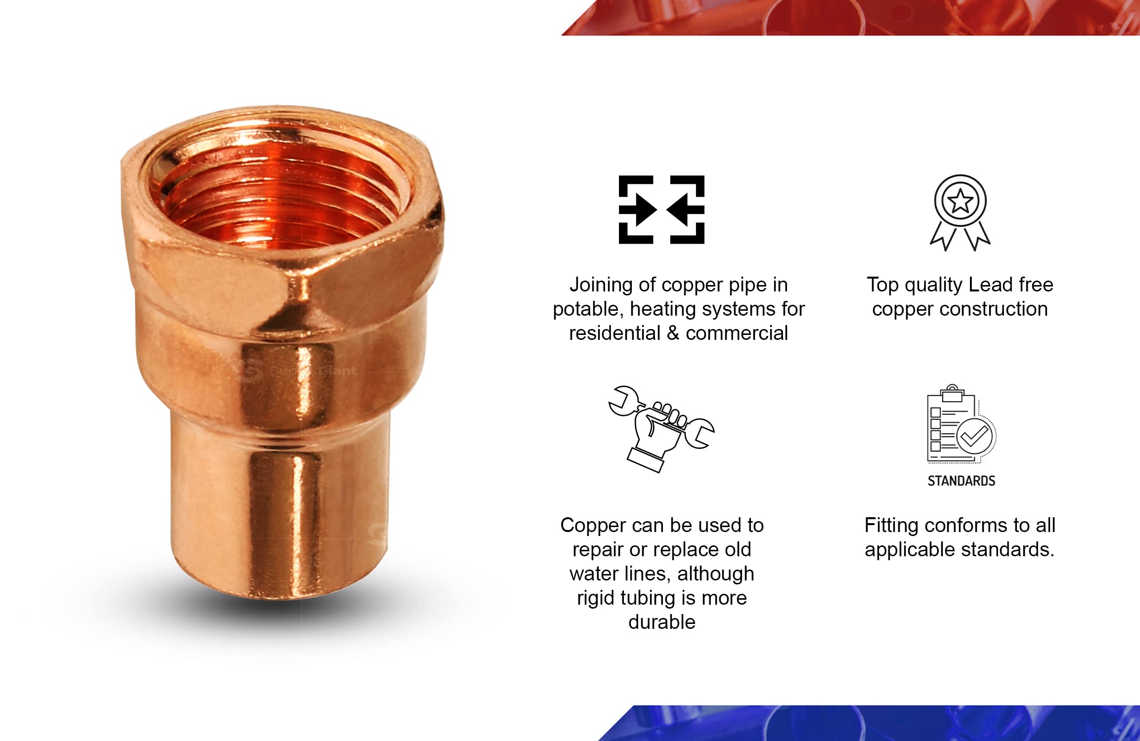 DDGA0300-5 Female Adapter Fitting Sweat x FIP Connections, 3/8 Inch Copper Plumbing Fitting - Perfect for HVAC, Water Supply & Gas Line Installations