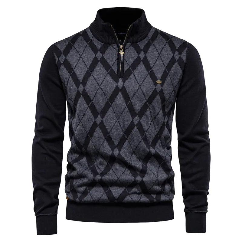 Argyle Men's Cotton Mock Neck Zipper Patchwork Pullover Sweater - Winter Warm Fashion Knitwear for Men | Casual Office Wear & Outdoor Activities