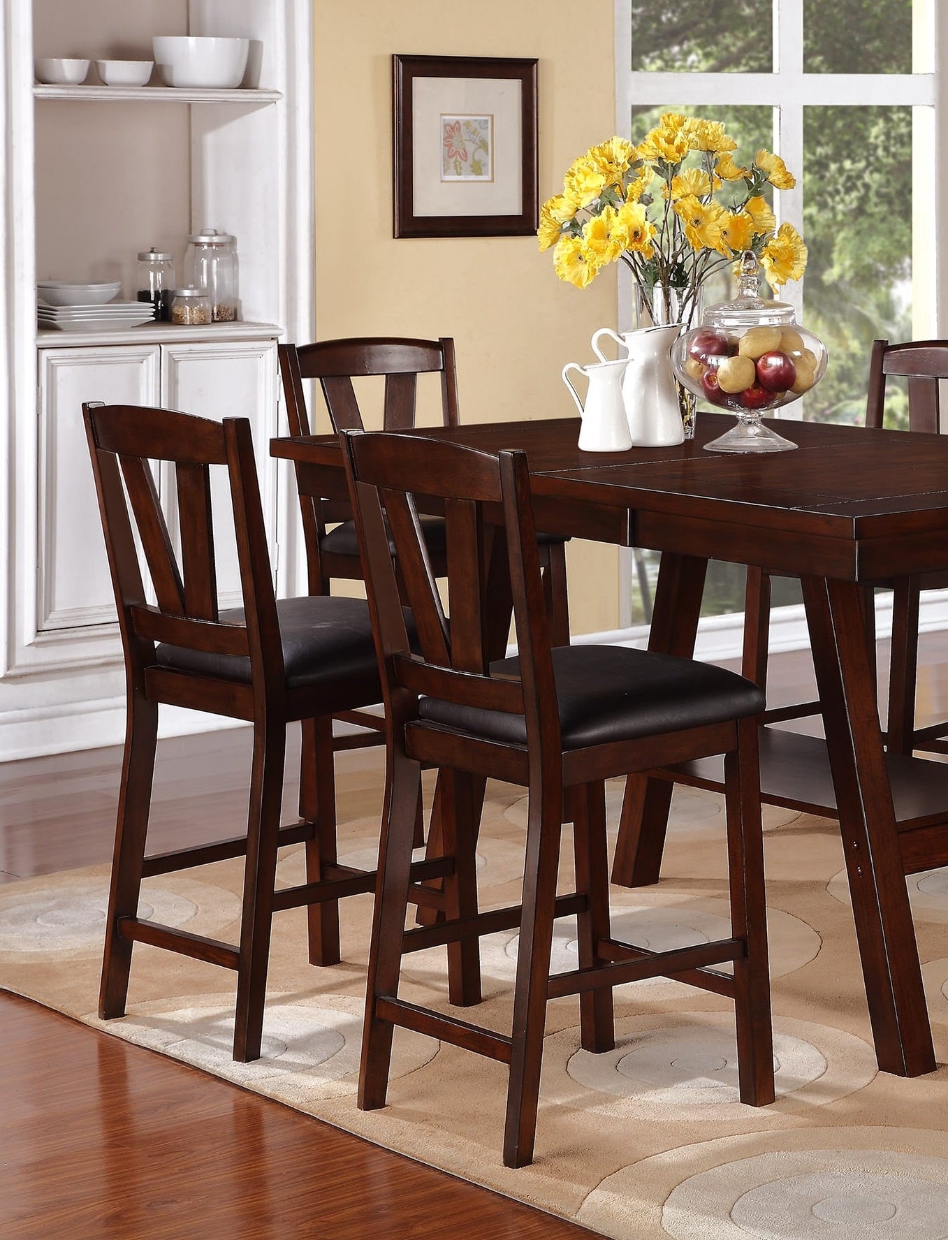 Dark Walnut Wood Framed Counter Height Dining Chairs Set of 2 - Cushioned Breakfast Nook & Kitchen Island Stools for Modern Farmhouse Decor